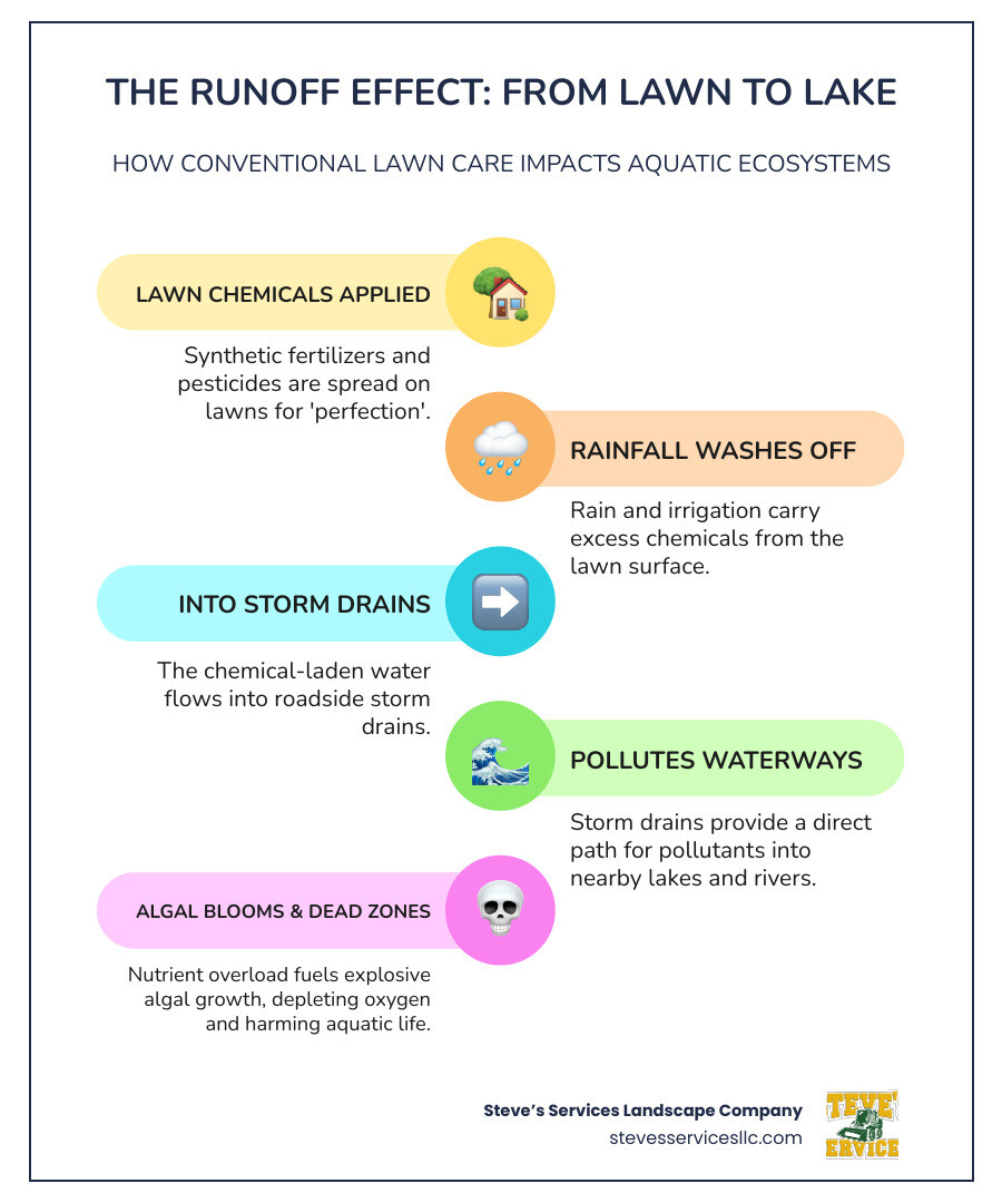 Infographic showing how fertilizer and pesticide runoff travels from a suburban lawn through storm drains into a nearby lake, causing algal blooms and oxygen depletion that kills fish and makes water unsafe for swimming - lake friendly lawn care infographic infographic-line-5-steps-colors Infographic showing how fertilizer and pesticide runoff travels from a suburban lawn through storm drains into a nearby lake, causing algal blooms and oxygen depletion that kills fish and makes water unsafe for swimming - lake friendly lawn care infographic infographic-line-5-steps-colors