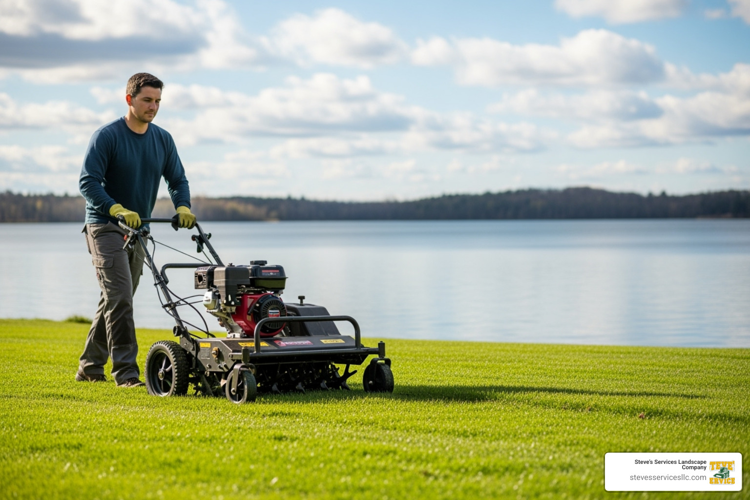 of a professional aerating a lawn near a waterfront - lake friendly lawn care of a professional aerating a lawn near a waterfront - lake friendly lawn care