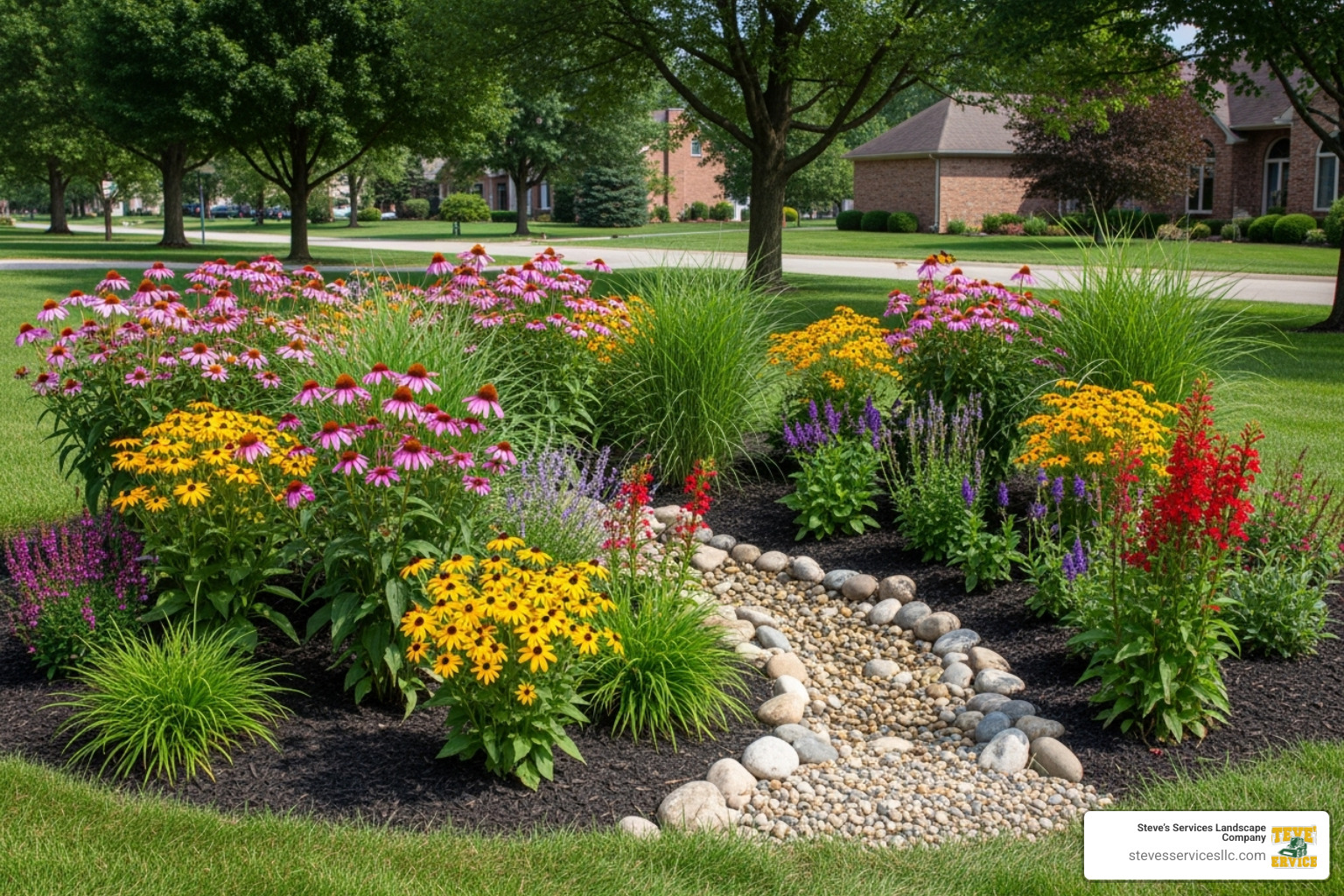 of a beautiful rain garden with native flowers and grasses - lake friendly lawn care of a beautiful rain garden with native flowers and grasses - lake friendly lawn care