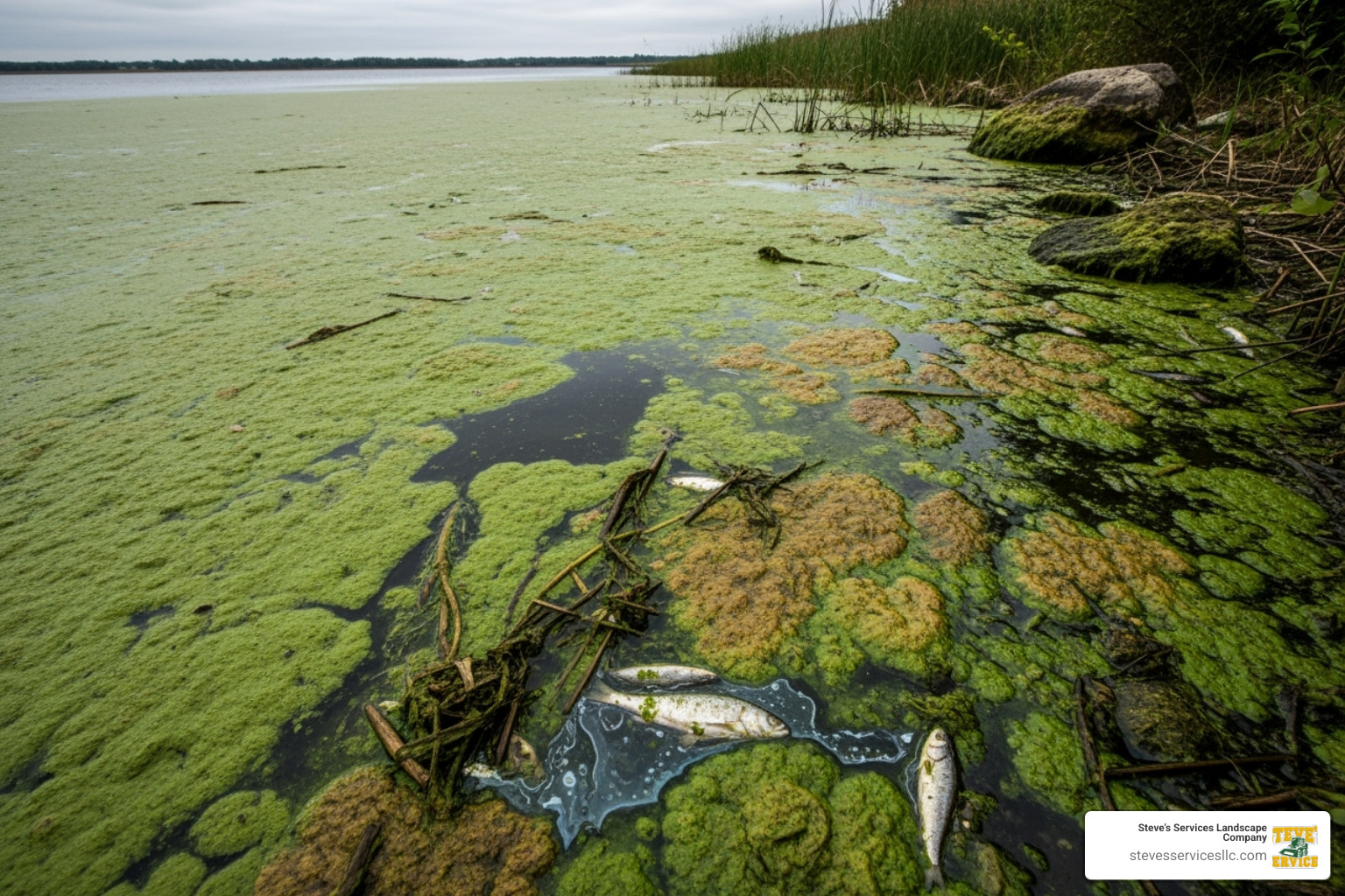 of a green, murky lake suffering from an algal bloom - lake friendly lawn care of a green, murky lake suffering from an algal bloom - lake friendly lawn care