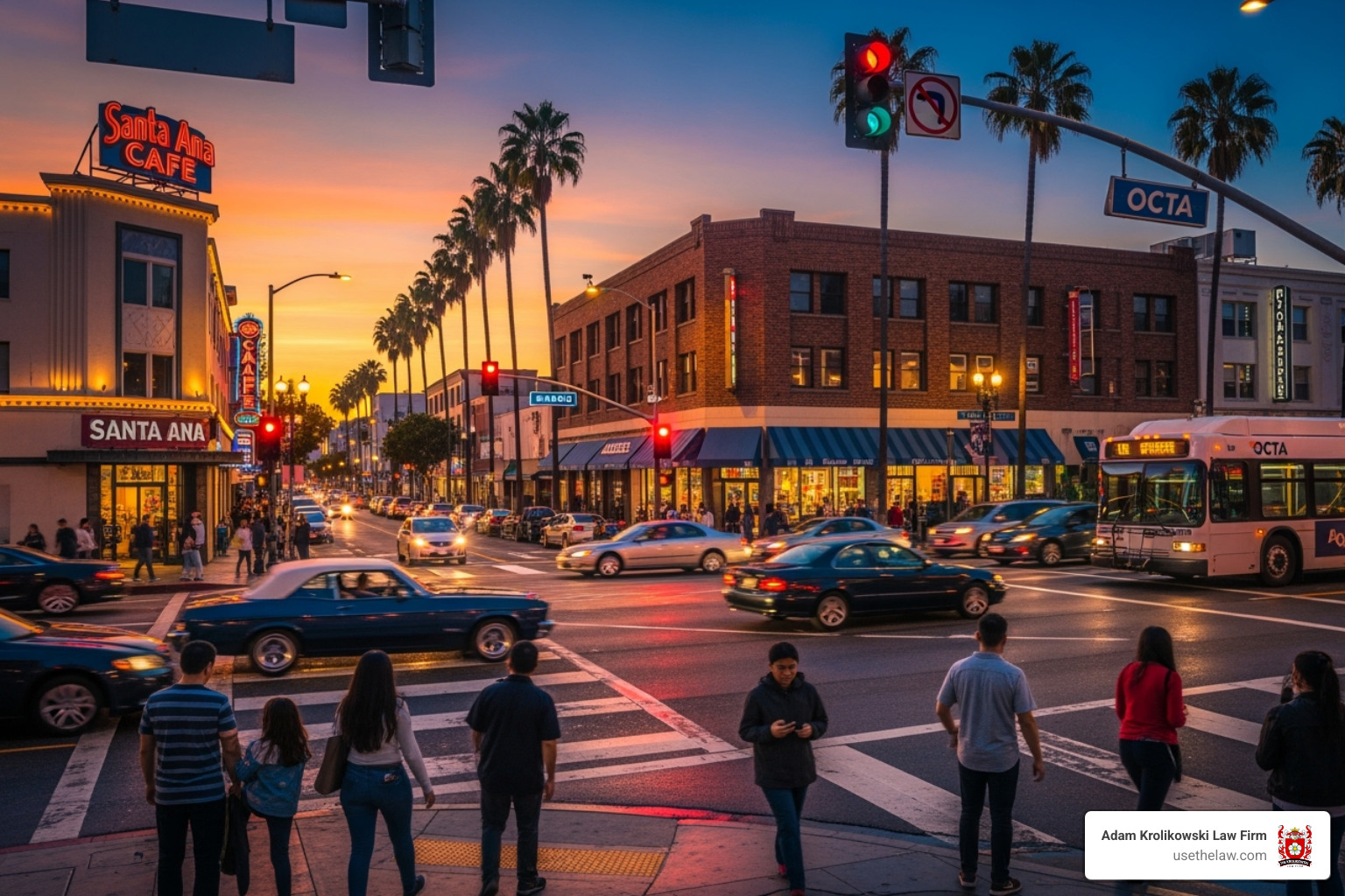 A busy intersection in Santa Ana, CA with cars and pedestrians - Injury attorneys Santa Ana A busy intersection in Santa Ana, CA with cars and pedestrians - Injury attorneys Santa Ana
