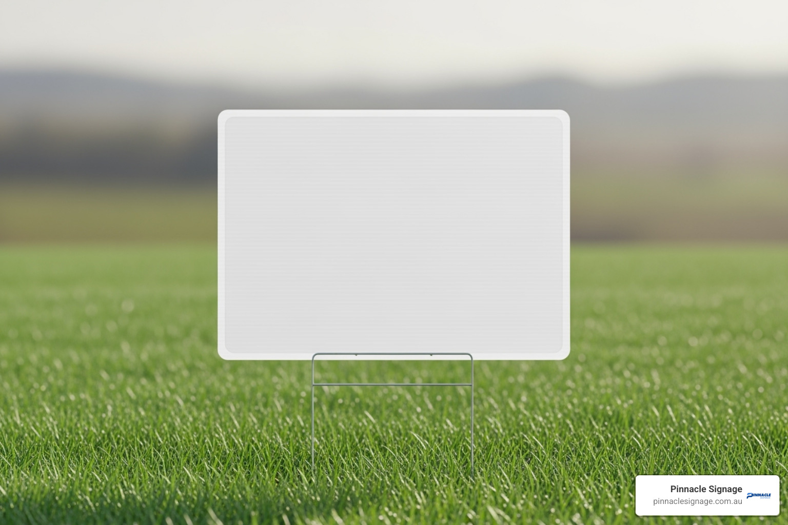 Durable lawn sign displayed on grass under regular lighting, supplied by Pinnacle Signage, a leading provider of long-lasting signage solutions. Durable lawn sign displayed on grass under regular lighting, supplied by Pinnacle Signage, a leading provider of long-lasting signage solutions.