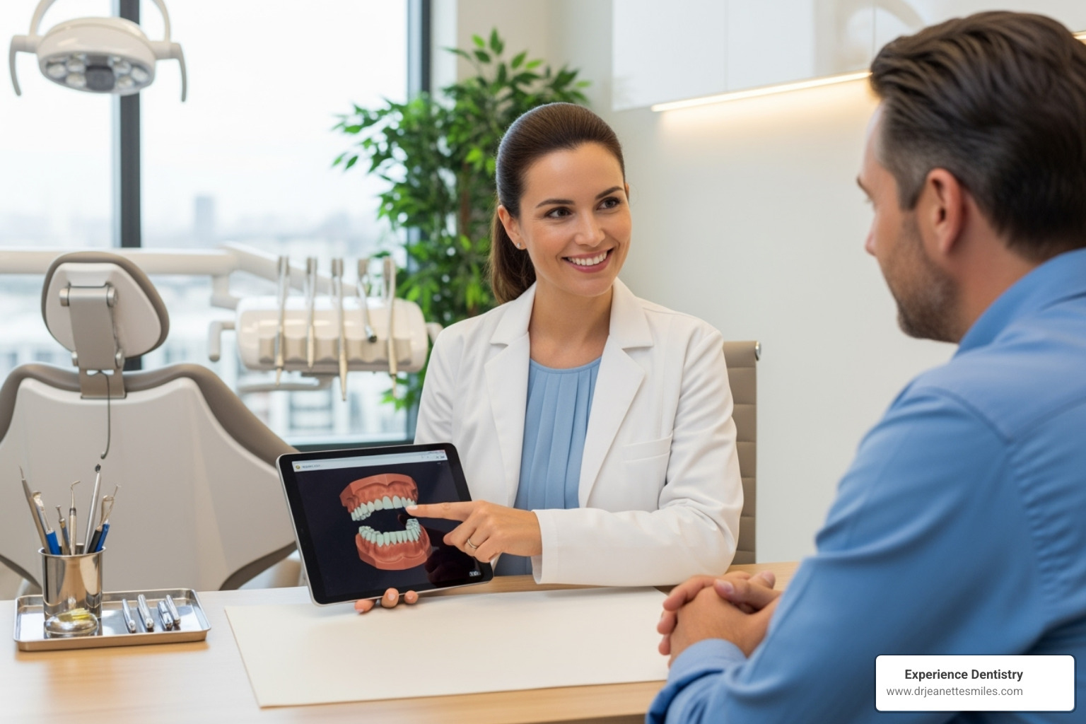 dentist and patient discussing treatment options - full dentures vs partials