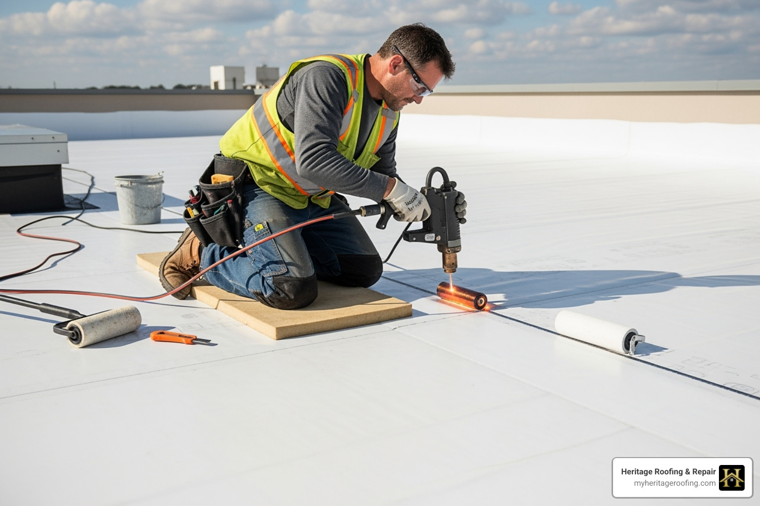 A contractor heat-welding a TPO roofing seam - commercial flat roof