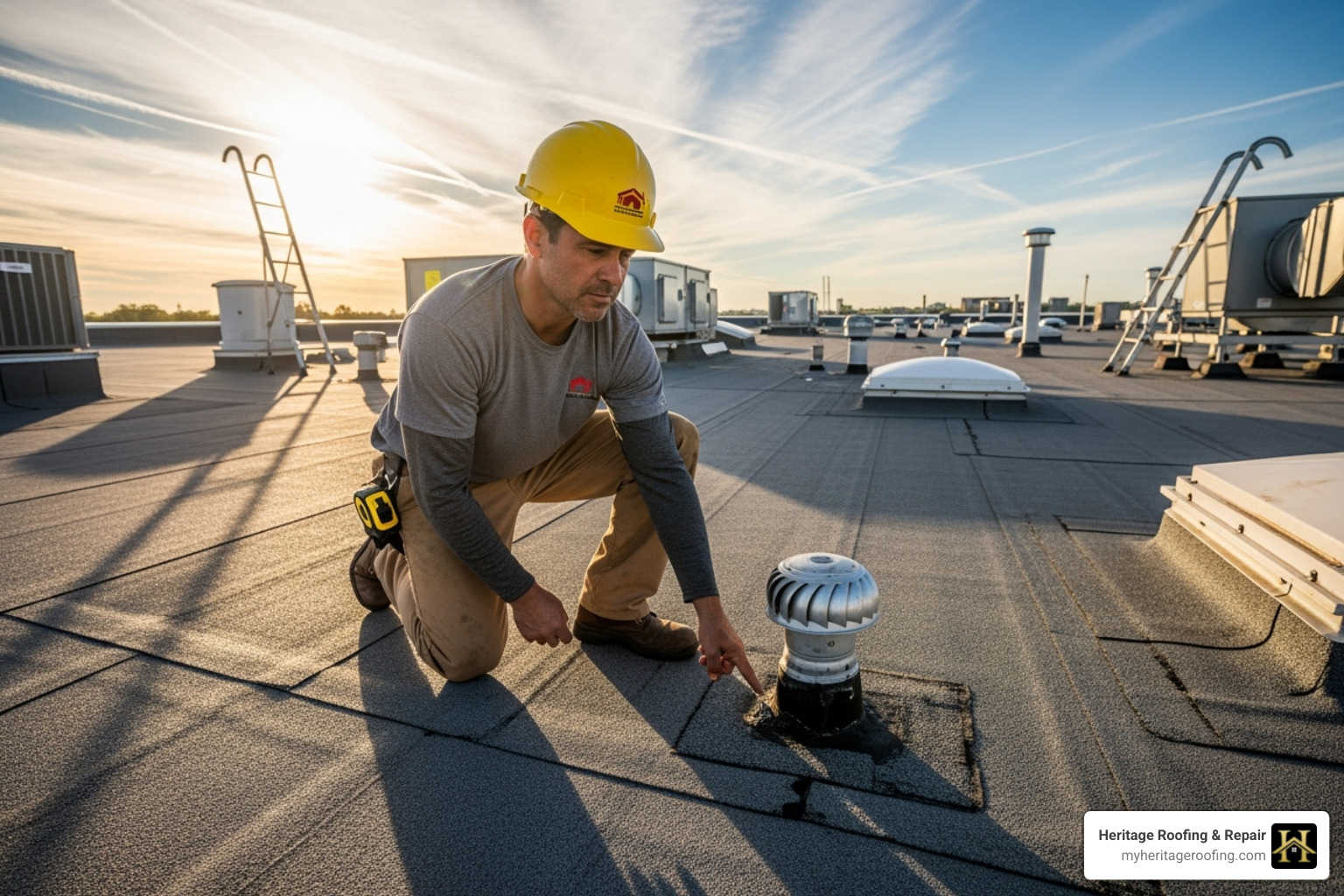 A roofing professional performing a roof inspection on a commercial flat roof - commercial flat roof