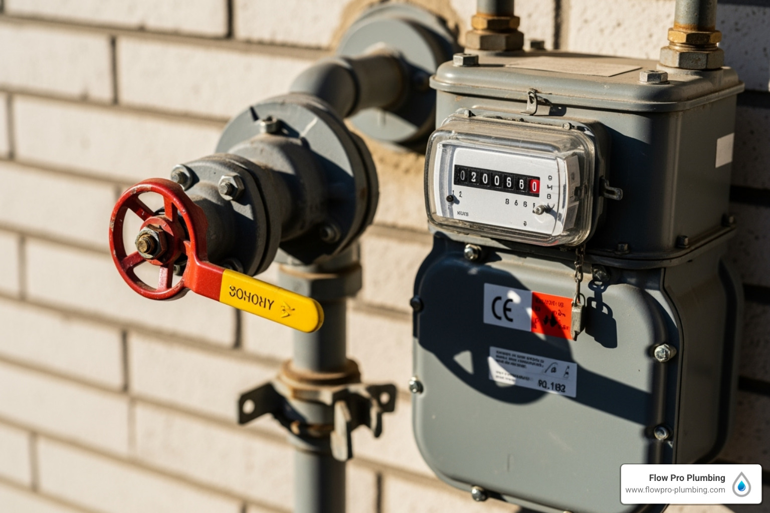 A close-up image of a residential gas meter with the main shut-off valve clearly visible and labeled - gas line repair Brentwood A close-up image of a residential gas meter with the main shut-off valve clearly visible and labeled - gas line repair Brentwood