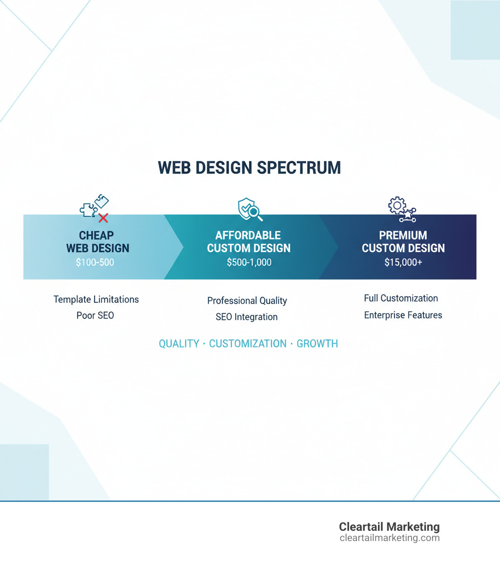 Infographic showing the spectrum from cheap web design ($100-500 with template limitations and poor SEO) to affordable custom design ($500-10,000 with professional quality and SEO integration) to premium custom design ($15,000+ with full customization and enterprise features) - affordable custom website design infographic Infographic showing the spectrum from cheap web design ($100-500 with template limitations and poor SEO) to affordable custom design ($500-10,000 with professional quality and SEO integration) to premium custom design ($15,000+ with full customization and enterprise features) - affordable custom website design infographic