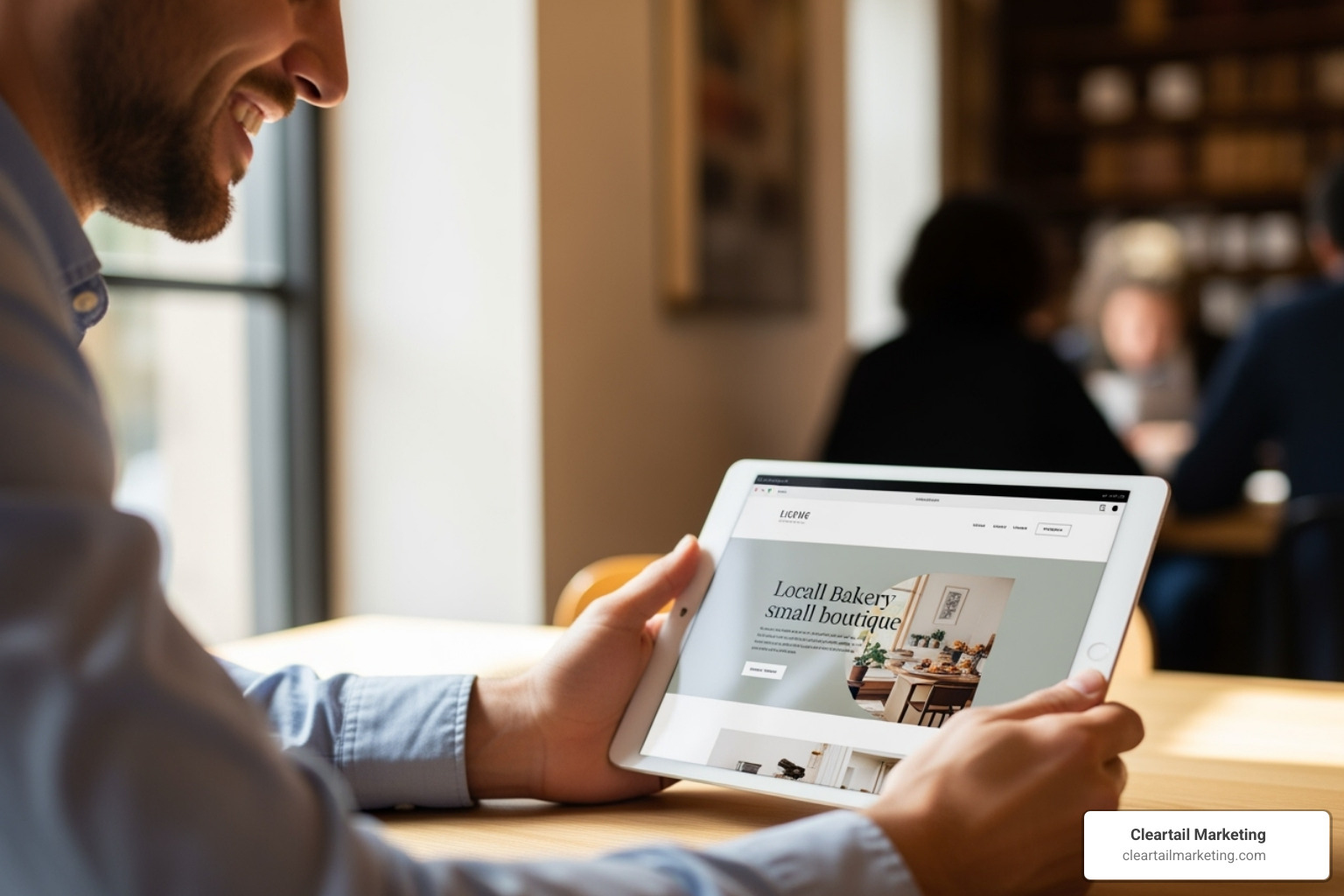 Small business owner smiling while looking at their new website on a tablet - affordable custom website design Small business owner smiling while looking at their new website on a tablet - affordable custom website design