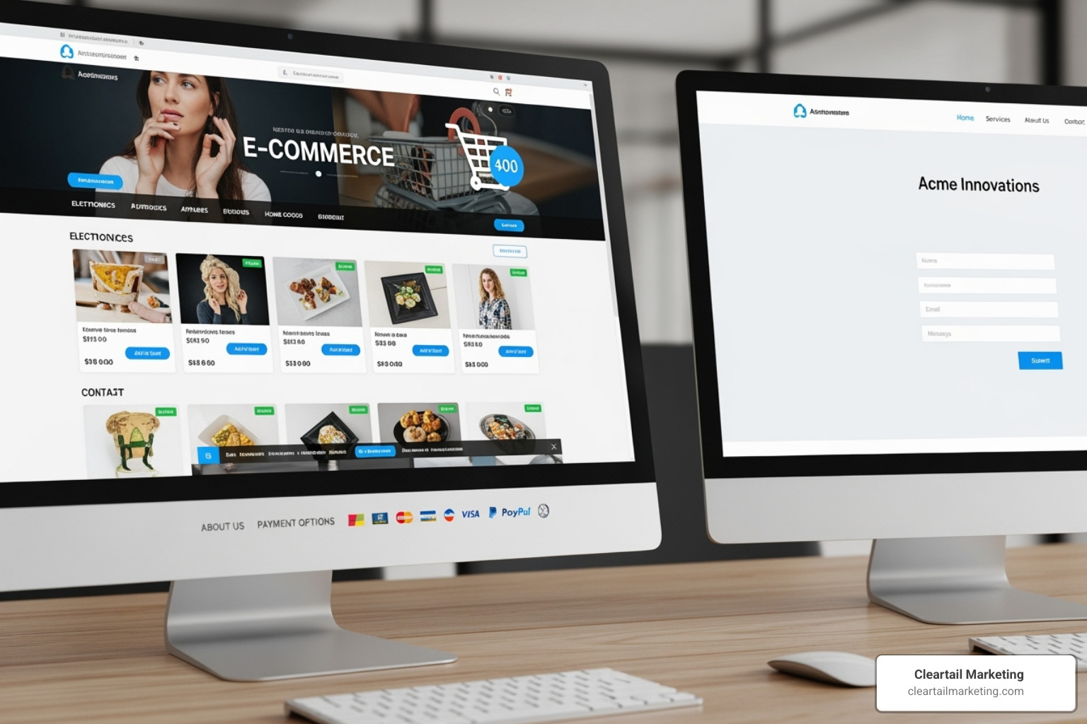 Image of a complex e-commerce website with many features contrasted with a simple, clean business brochure website - affordable custom website design Image of a complex e-commerce website with many features contrasted with a simple, clean business brochure website - affordable custom website design