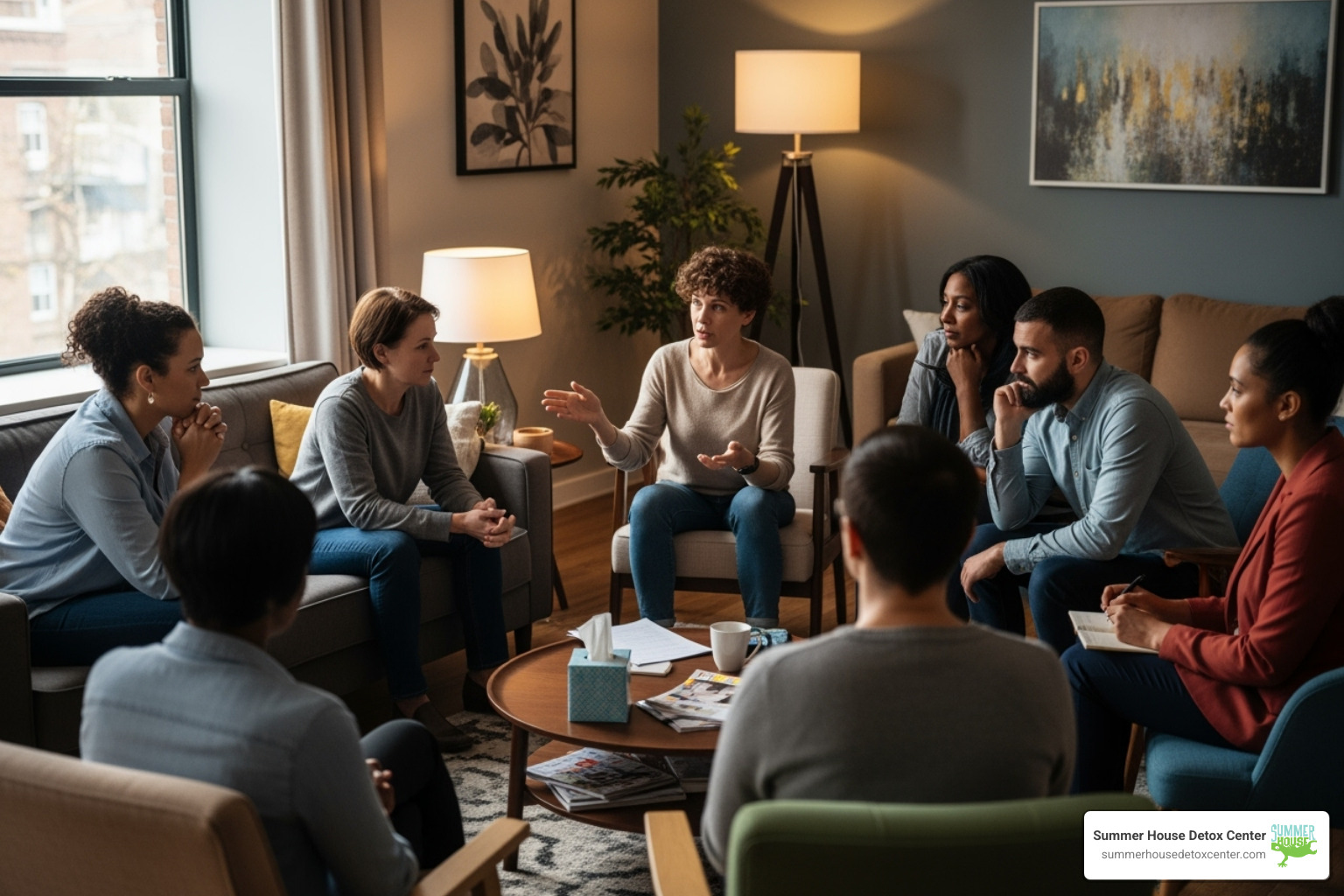 Image of a group therapy session in a comfortable setting, showing individuals engaged in discussion. - methadone detox center