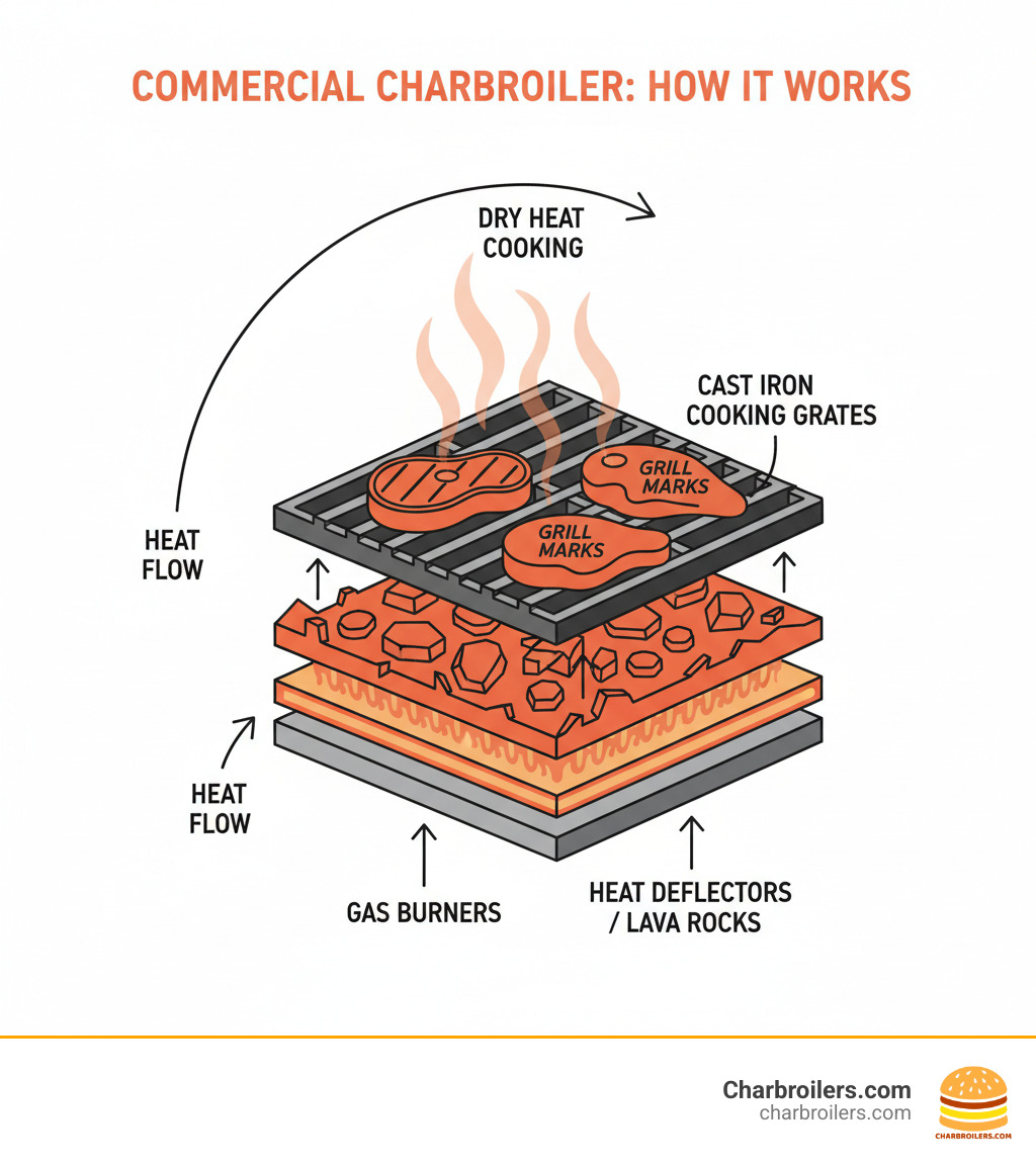 Infographic showing the basic function of a commercial charbroiler with labeled components including gas burners at the bottom, heat deflectors or lava rocks in the middle, cast iron cooking grates on top, and food being grilled with characteristic grill marks, demonstrating how heat flows from the burner through the heat source to cook food with dry heat - charbroilers restaurant infographic 