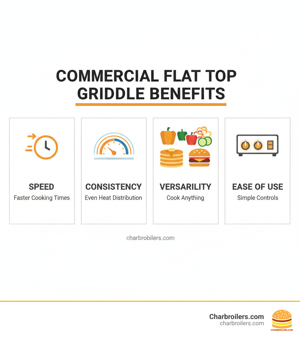 Infographic showing the four primary benefits of commercial flat top griddles: Speed with clock icon showing faster cooking times, Consistency with temperature gauge showing even heat distribution, Versatility with various food icons including pancakes burgers and vegetables, and Ease of Use with simple control interface illustrations - commercial flat top infographic Infographic showing the four primary benefits of commercial flat top griddles: Speed with clock icon showing faster cooking times, Consistency with temperature gauge showing even heat distribution, Versatility with various food icons including pancakes burgers and vegetables, and Ease of Use with simple control interface illustrations - commercial flat top infographic