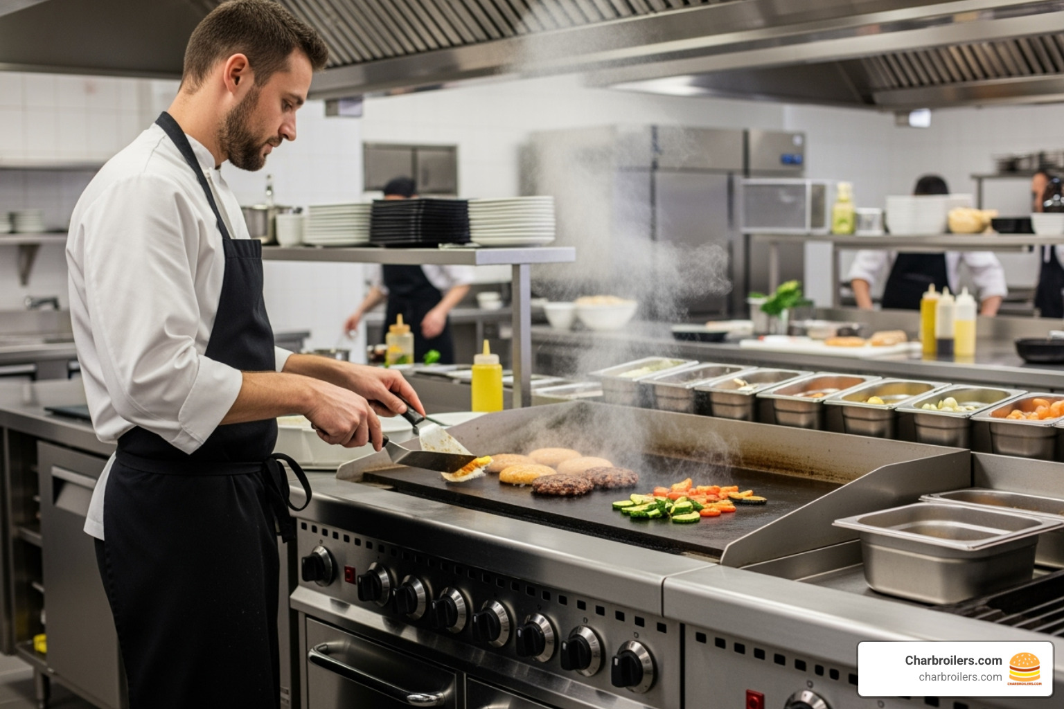 chef using a griddle, highlighting features like the grease trough and controls - commercial flat top chef using a griddle, highlighting features like the grease trough and controls - commercial flat top