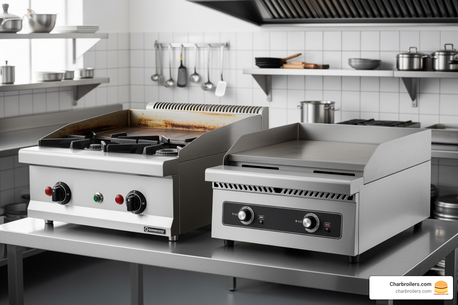 side-by-side comparison of a gas and an electric griddle - commercial flat top side-by-side comparison of a gas and an electric griddle - commercial flat top