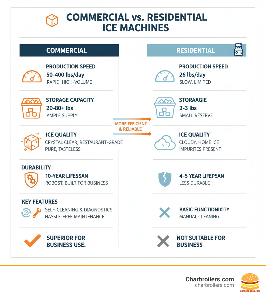 Infographic comparing commercial vs residential ice machines showing production speed (50-400 lbs/day vs 26 lbs/day), storage capacity (20-80+ lbs vs 2-3 lbs), ice quality (crystal clear restaurant-grade vs cloudy home ice), durability (10-year commercial lifespan vs 4-5 year residential), and key features like self-cleaning cycles and diagnostic systems that make commercial units superior for business use - best small commercial ice machine infographic  Infographic comparing commercial vs residential ice machines showing production speed (50-400 lbs/day vs 26 lbs/day), storage capacity (20-80+ lbs vs 2-3 lbs), ice quality (crystal clear restaurant-grade vs cloudy home ice), durability (10-year commercial lifespan vs 4-5 year residential), and key features like self-cleaning cycles and diagnostic systems that make commercial units superior for business use - best small commercial ice machine infographic