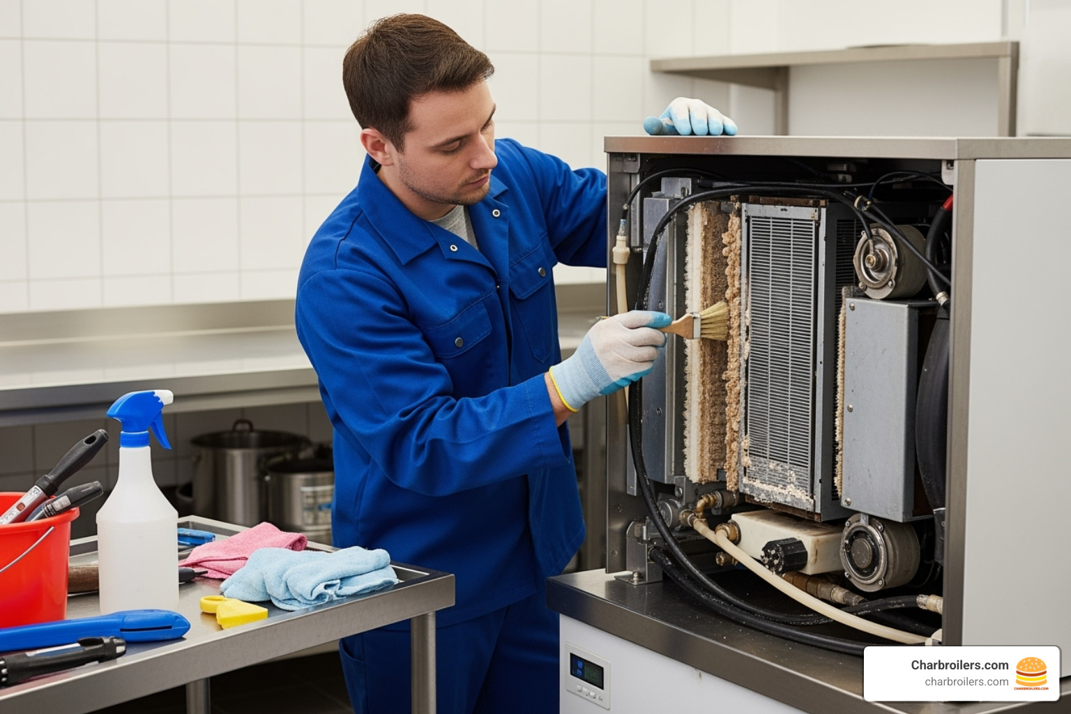 A technician cleaning an ice machine's internal components - best small commercial ice machine A technician cleaning an ice machine's internal components - best small commercial ice machine