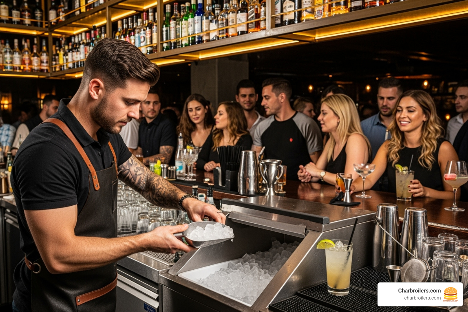 A busy bar with a bartender scooping ice from an undercounter machine - best small commercial ice machine A busy bar with a bartender scooping ice from an undercounter machine - best small commercial ice machine