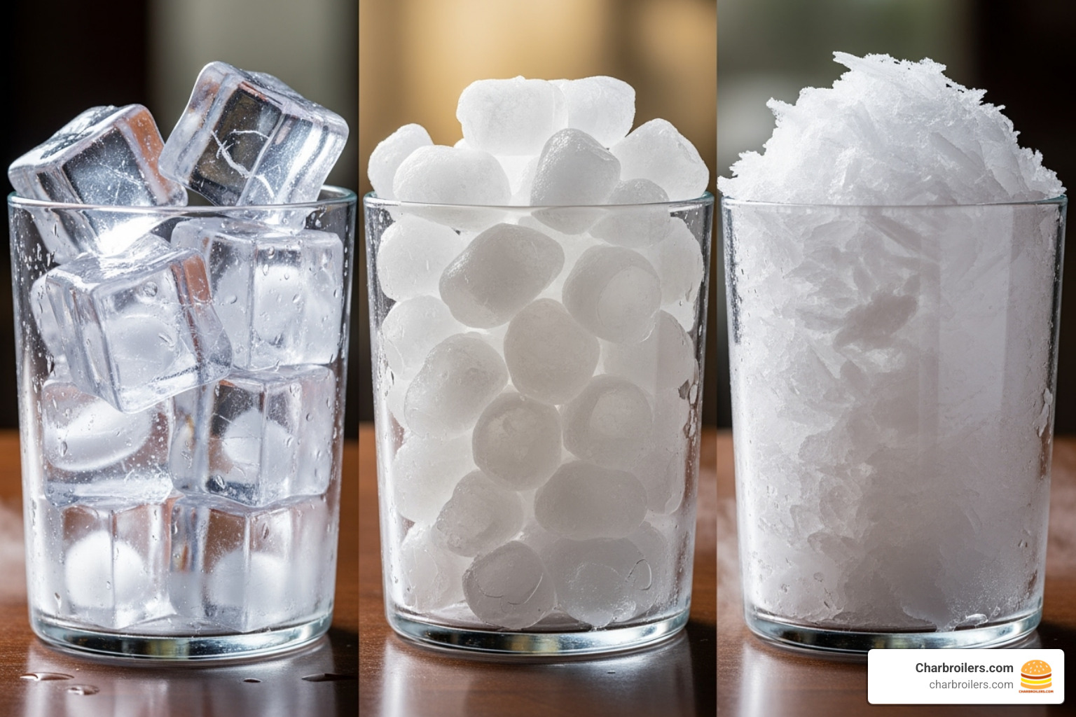 Side-by-side comparison of cube, nugget, and flake ice types - best small commercial ice machine Side-by-side comparison of cube, nugget, and flake ice types - best small commercial ice machine