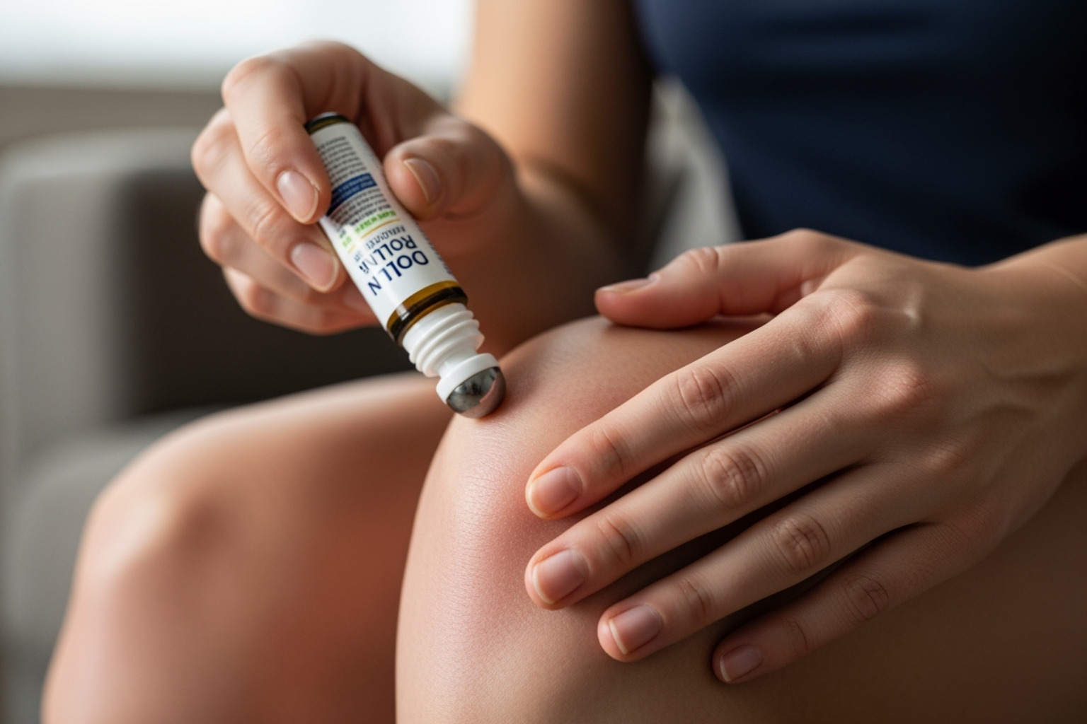 Image of a person using a roll-on applicator on their knee - cooling pain relief