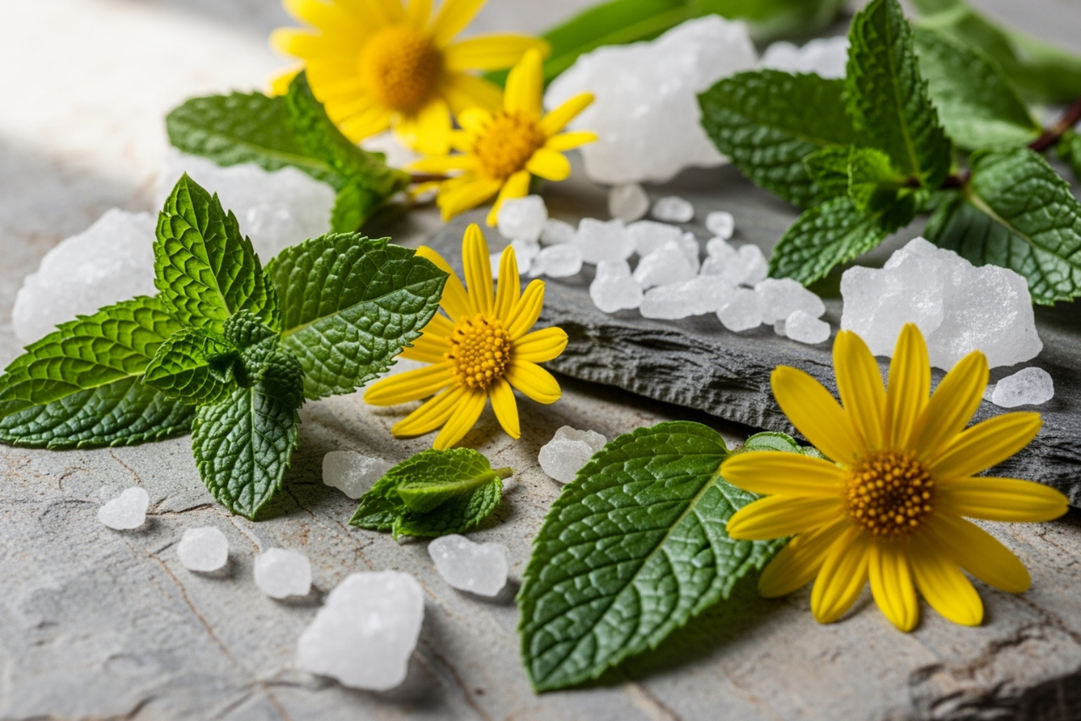 Image of key ingredients like mint leaves (menthol), arnica flowers, and camphor crystals - cooling pain relief