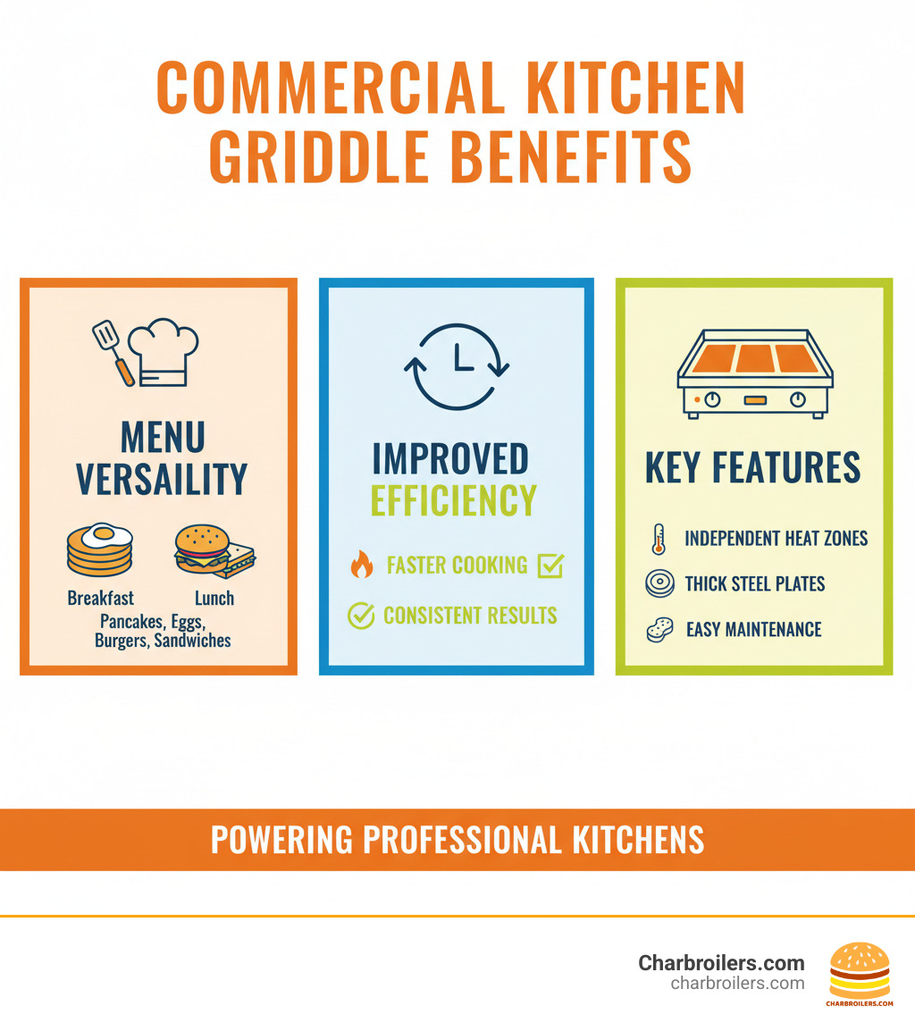 Infographic showing commercial kitchen griddle benefits: menu versatility with breakfast items like pancakes and eggs, lunch items like burgers and sandwiches, improved kitchen efficiency with faster cooking times and consistent results, and key features including independent heat zones, thick steel plates, and easy maintenance - commercial kitchen griddle infographic  Infographic showing commercial kitchen griddle benefits: menu versatility with breakfast items like pancakes and eggs, lunch items like burgers and sandwiches, improved kitchen efficiency with faster cooking times and consistent results, and key features including independent heat zones, thick steel plates, and easy maintenance - commercial kitchen griddle infographic