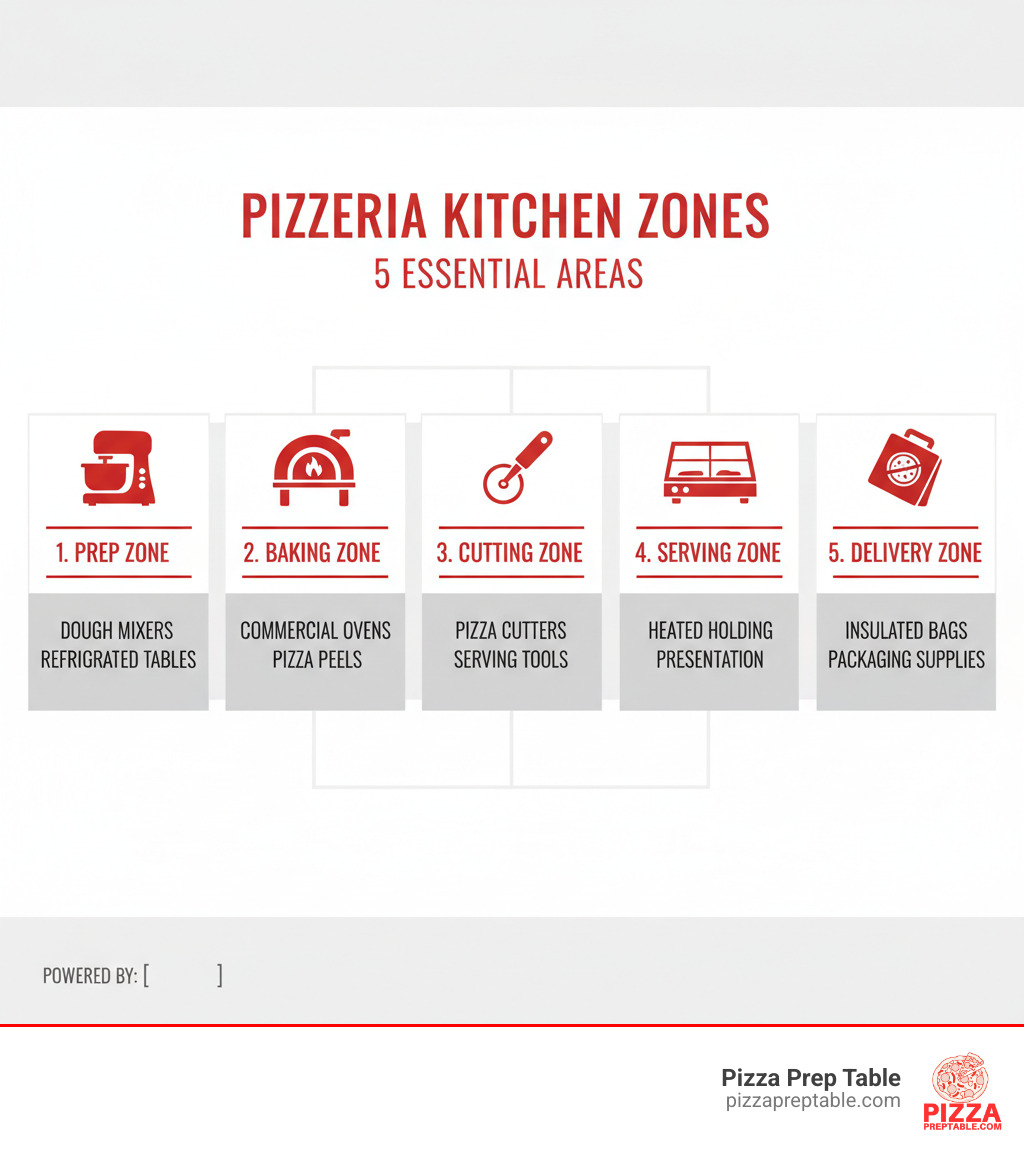 Comprehensive infographic showing the 5 essential zones of a pizzeria kitchen: Prep zone with dough mixers and refrigerated prep tables, Baking zone with commercial ovens and peels, Cutting zone with various pizza cutters and serving tools, Serving zone with heated holding equipment and presentation tools, and Delivery zone with insulated bags and packaging supplies - pizza shop supplies infographic 