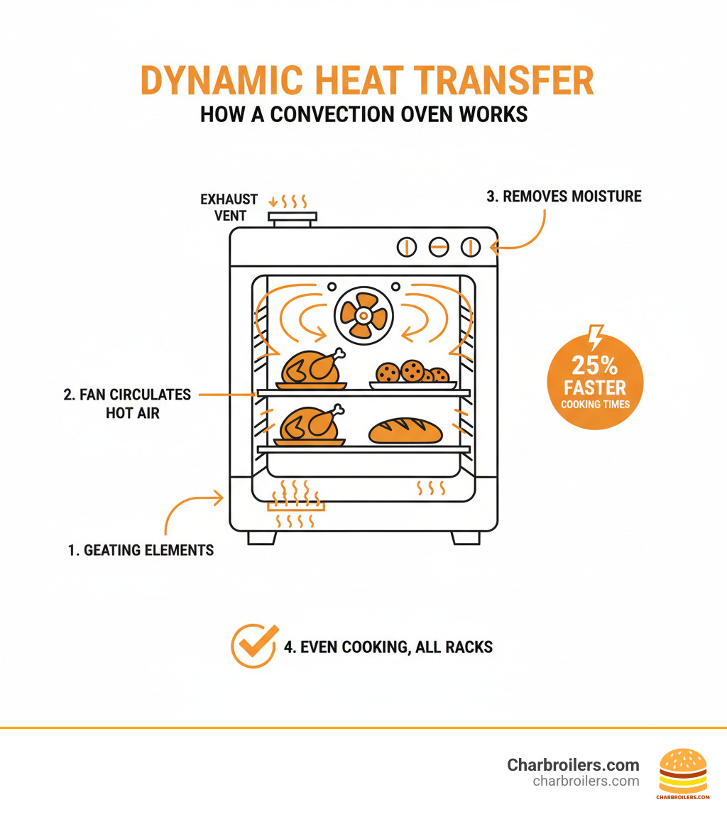 Infographic showing how convection heat transfer works: heating elements generate heat, fan circulates hot air in circular patterns throughout oven chamber, exhaust vent removes moisture and old air, food cooks evenly on all racks with 25% faster cooking times - how does a commercial convection oven work infographic Infographic showing how convection heat transfer works: heating elements generate heat, fan circulates hot air in circular patterns throughout oven chamber, exhaust vent removes moisture and old air, food cooks evenly on all racks with 25% faster cooking times - how does a commercial convection oven work infographic