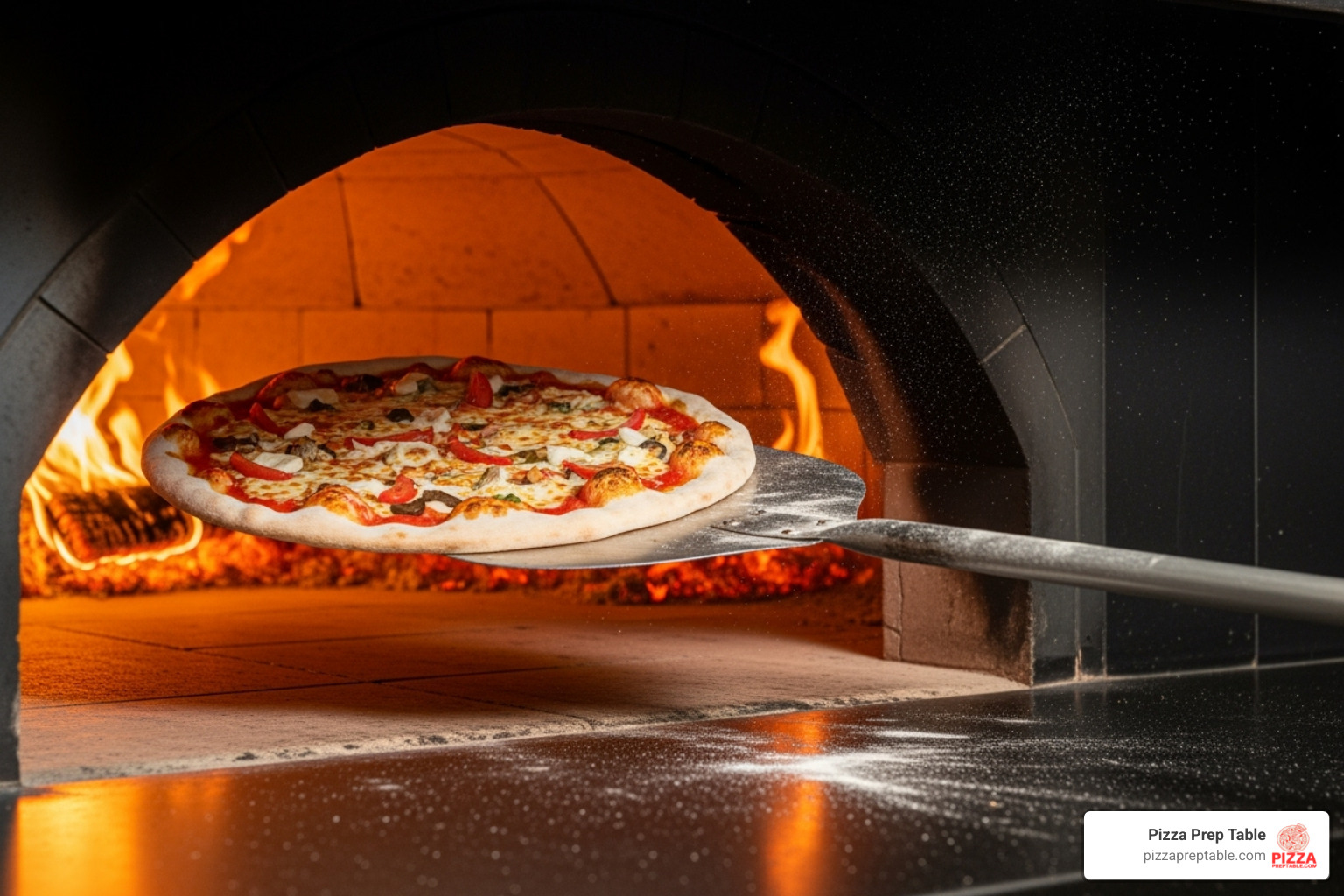 pizza being launched into a large deck oven with a metal peel - pizza shop supplies