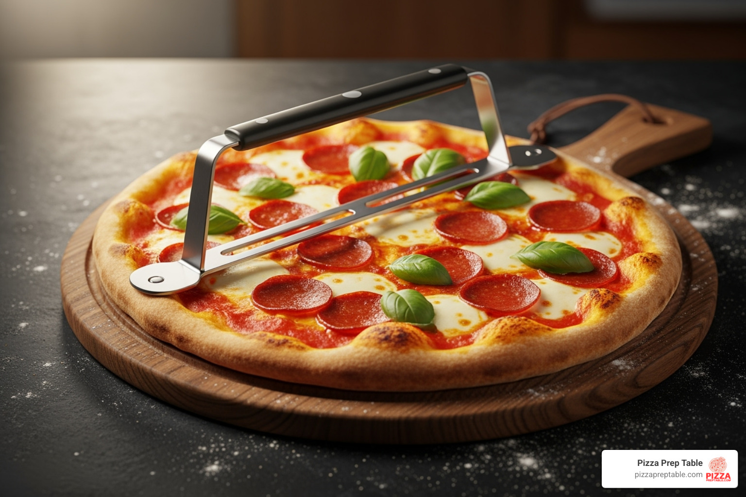 pizza on wooden board with rocker cutter - pizza shop supplies