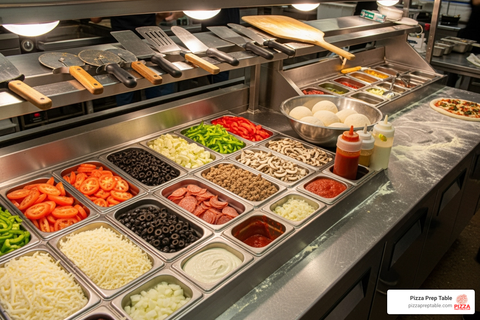 well-stocked pizza prep station - pizza shop supplies
