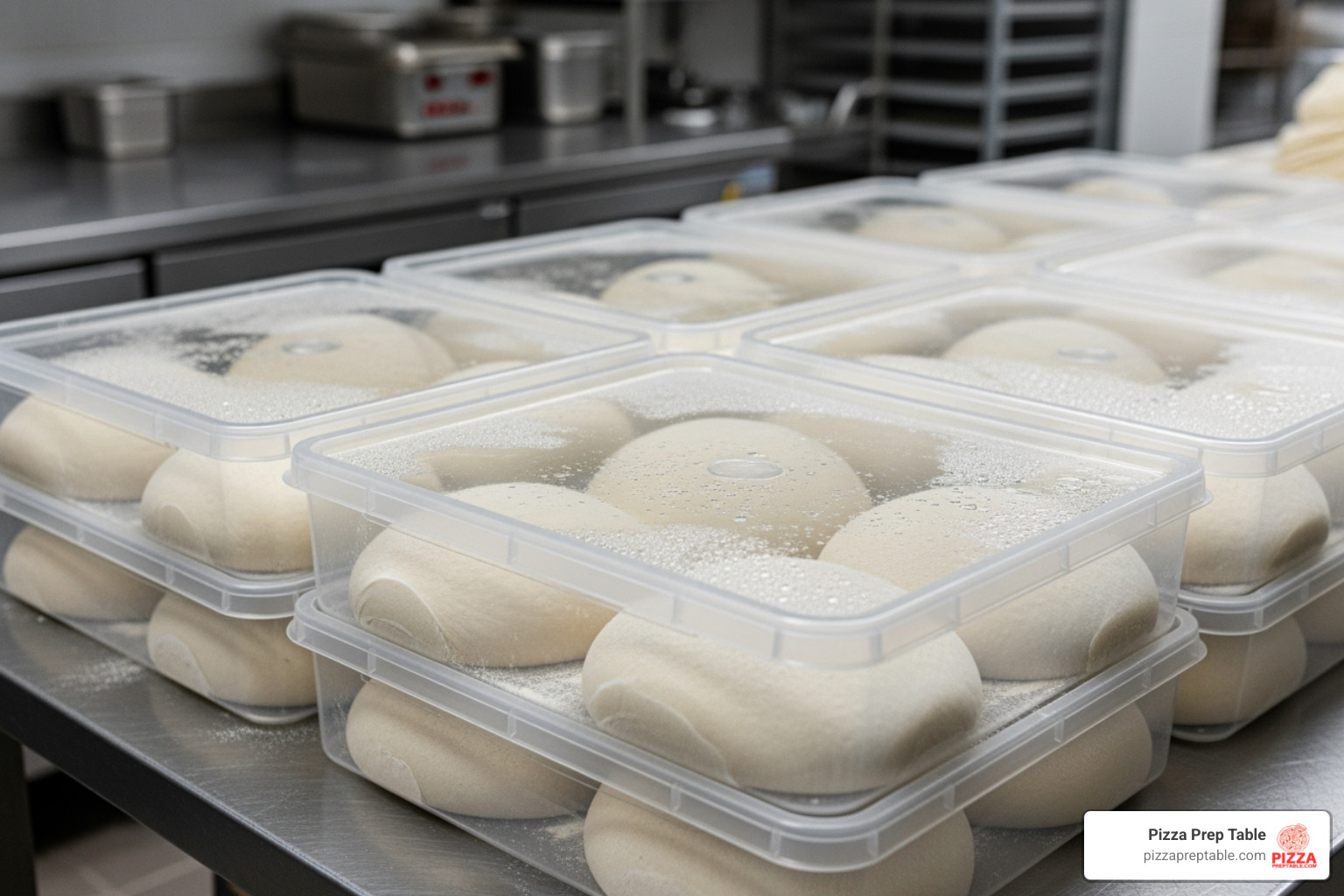 pizza dough in stackable dough boxes - pizza shop supplies