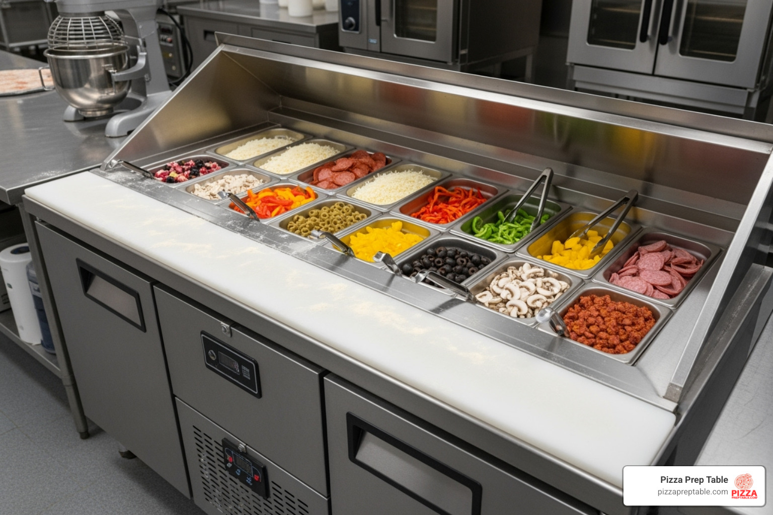 stainless steel pizza prep table with ingredients in refrigerated wells - pizza shop supplies