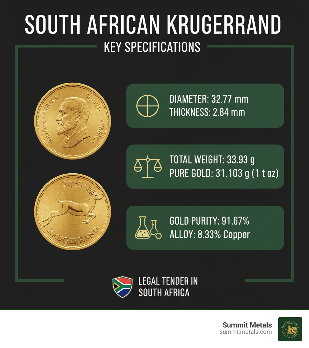 Infographic showing South African Krugerrand key specifications: obverse featuring Paul Kruger portrait with "Suid-Afrika" and "South Africa" text, reverse displaying Springbok antelope with year and "Krugerrand" text, 32.77mm diameter, 2.84mm thickness, 33.93 grams total weight containing 31.103 grams pure gold, 91.67% gold purity with 8.33% copper alloy, and legal tender status in South Africa - South African Krugerrand infographic 