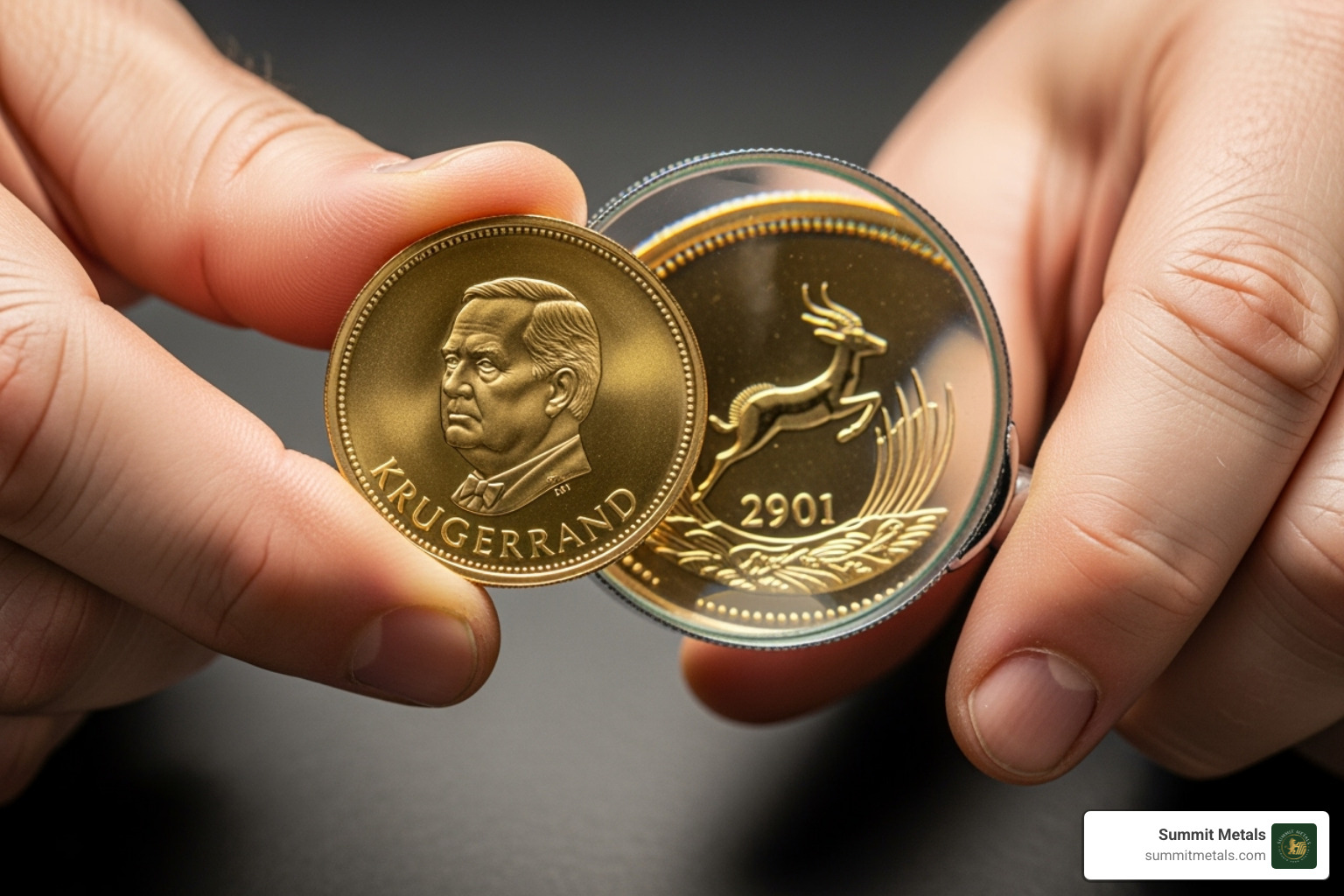 person examining a Krugerrand with a magnifying glass - South African Krugerrand