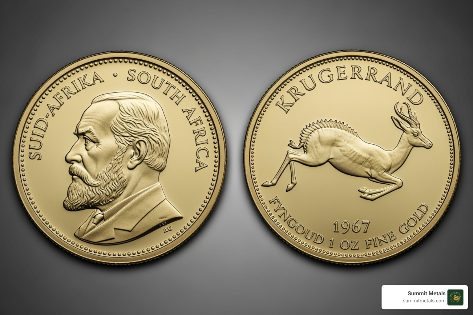 obverse (Paul Kruger) and reverse (Springbok) of the Krugerrand side-by-side - South African Krugerrand