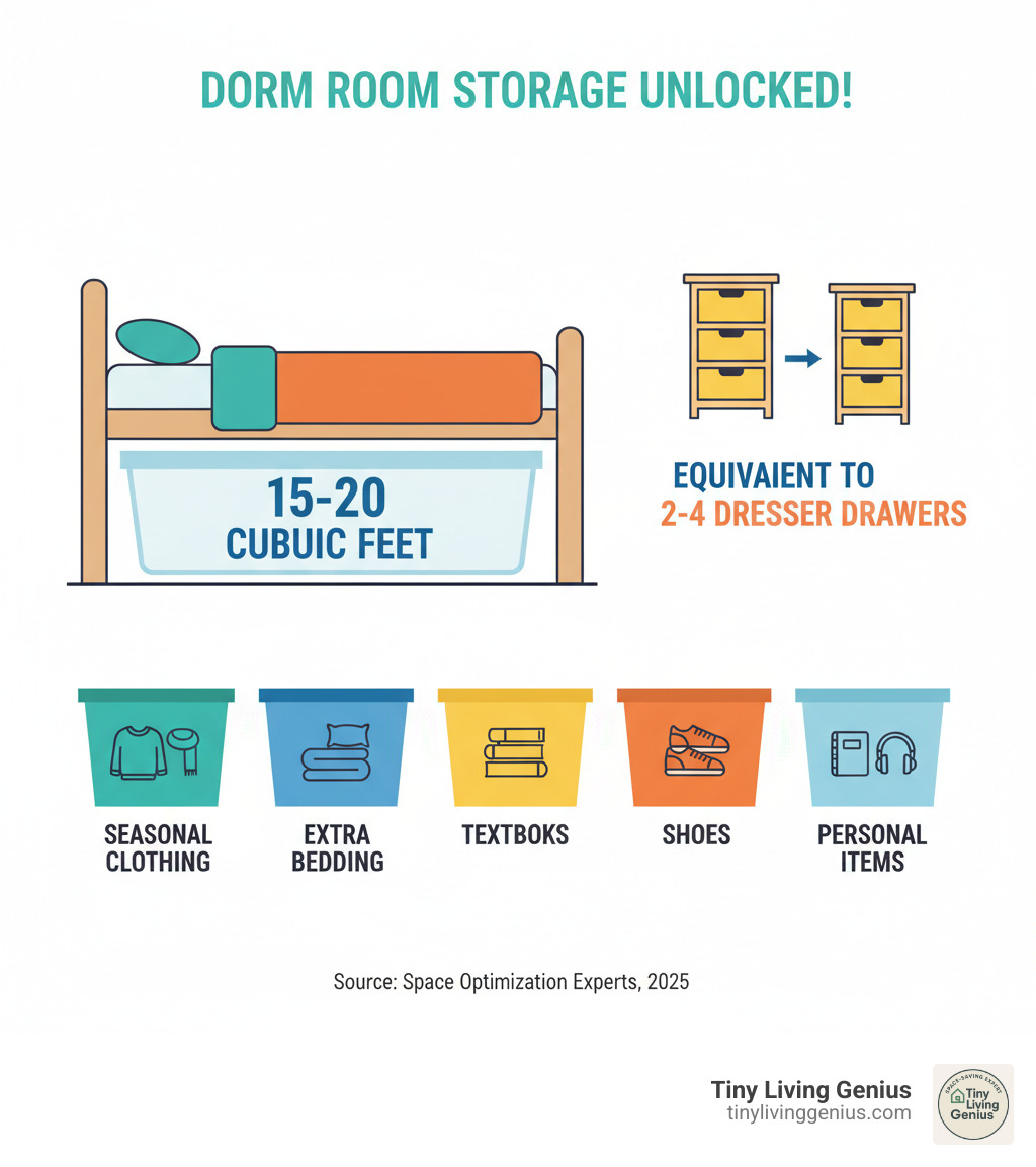 Infographic showing the hidden storage potential in a typical dorm room with measurements of under-bed cubic footage, comparison of storage capacity equivalent to 2-4 dresser drawers, and breakdown of items that can be stored including seasonal clothing, extra bedding, textbooks, shoes, and personal items with clear labeling system - dorm room storage under bed infographic 