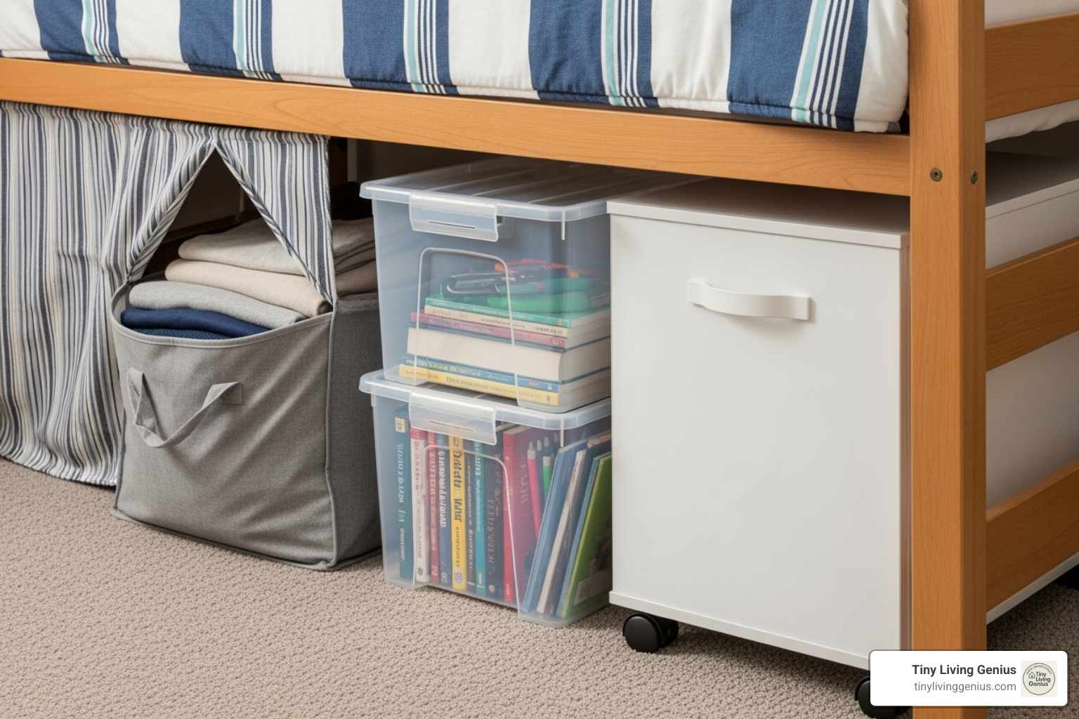 variety of under-bed storage types like fabric bags, plastic bins, and rolling drawers under a dorm bed - dorm room storage under bed