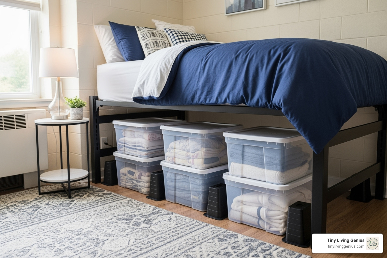 sturdy bed risers lifting a dorm bed, with large storage containers fitting underneath - dorm room storage under bed