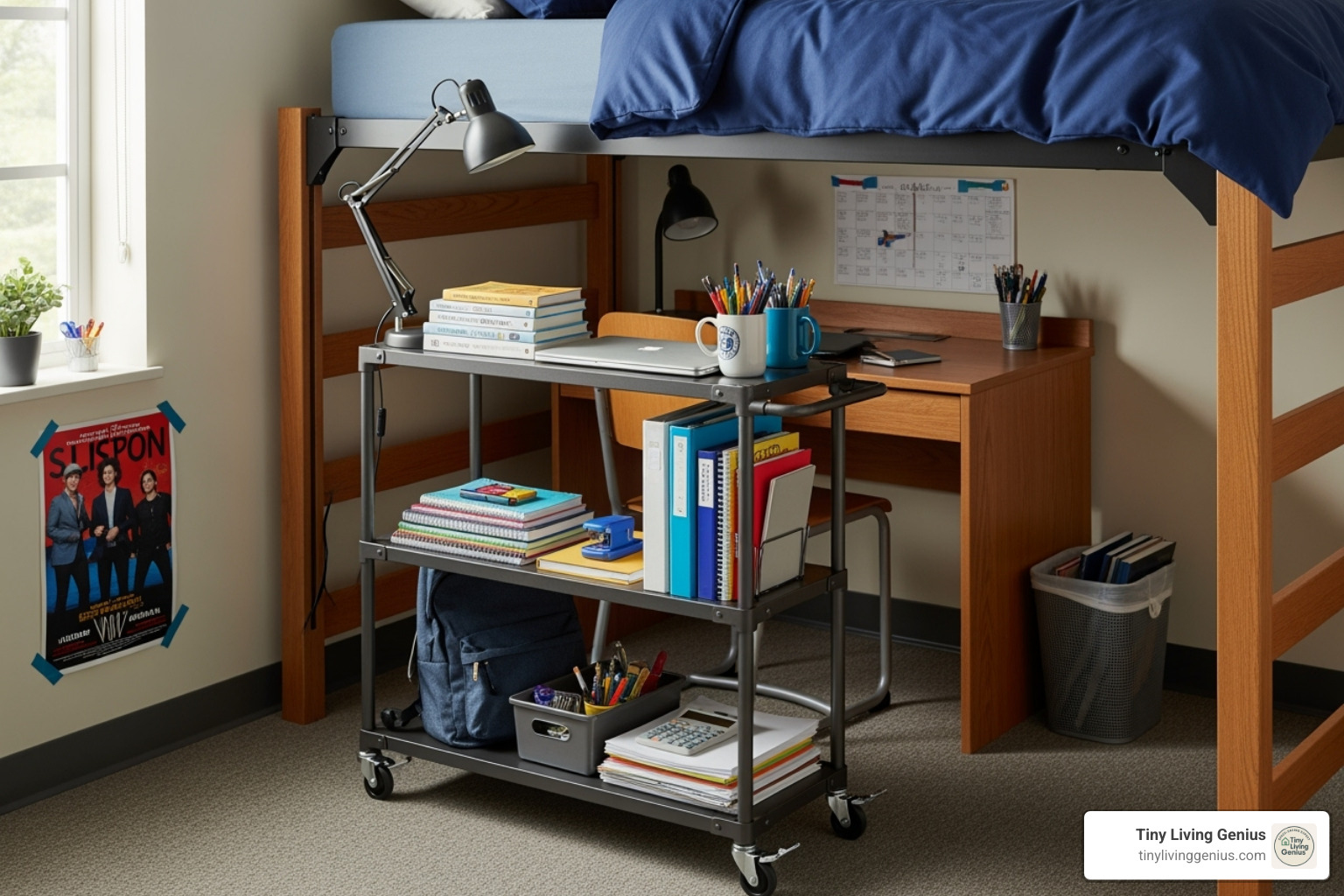 rolling metal cart filled with school supplies under a lofted bed - dorm room storage under bed