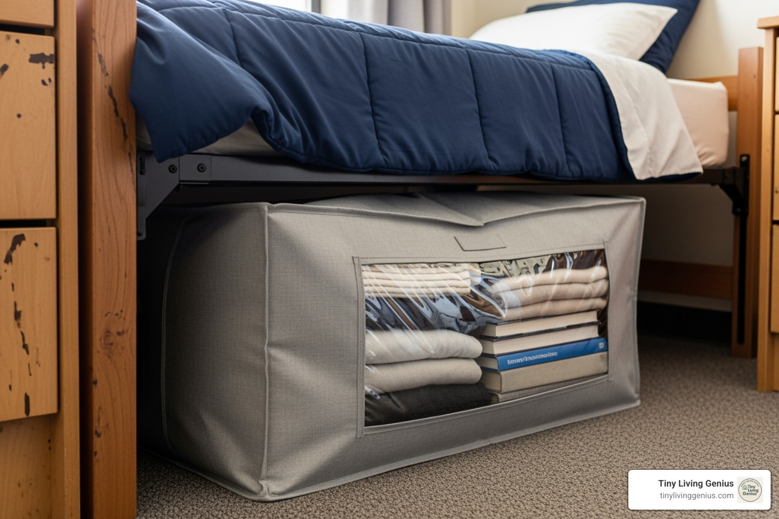 soft fabric storage bag with a clear window being slid under a bed - dorm room storage under bed