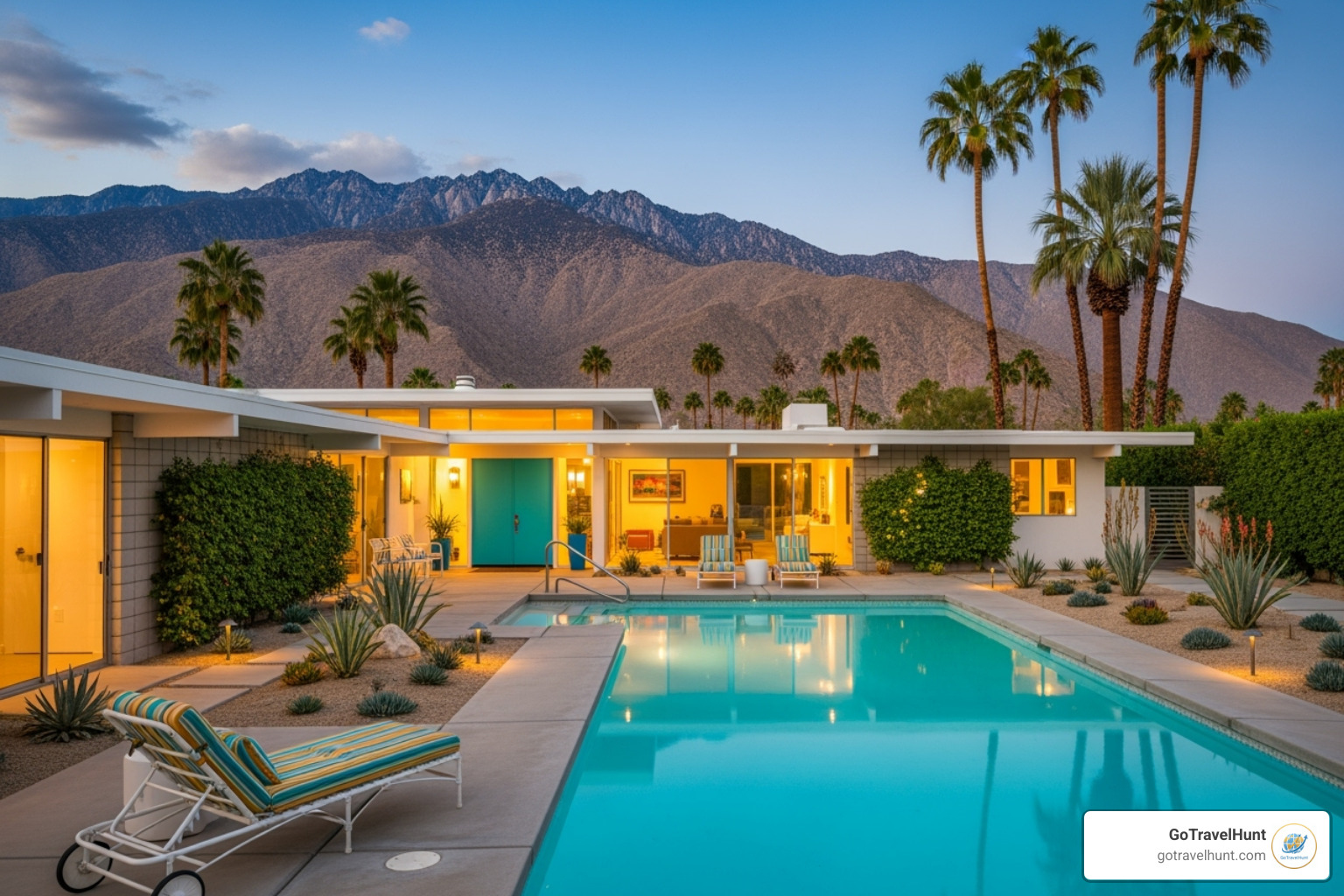 image of a stylish mid-century modern house in Palm Springs with a pool and mountain backdrop - cool weekend vacations