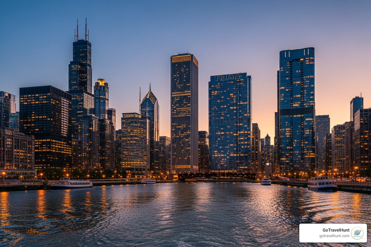 image of the Chicago skyline at dusk as seen from an architecture river cruise - cool weekend vacations