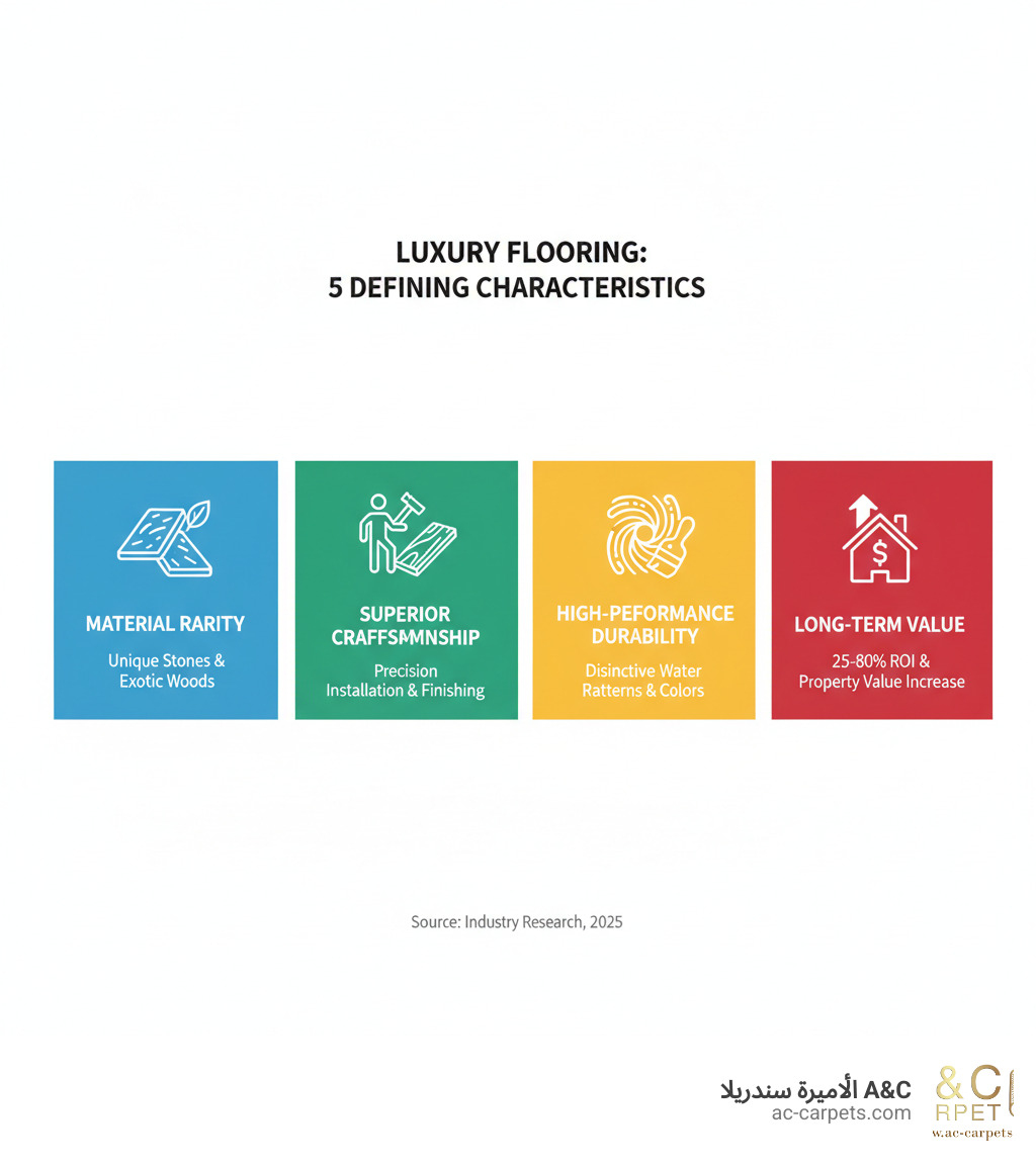 Infographic showing the 5 defining characteristics of luxury flooring: Material Rarity featuring unique stones and exotic woods, Superior Craftsmanship with precision installation and finishing, Aesthetic Uniqueness through distinctive patterns and colors, High-Performance Durability with scratch and water resistance, and Long-Term Value showing ROI percentages and property value increases - luxury home flooring infographic 