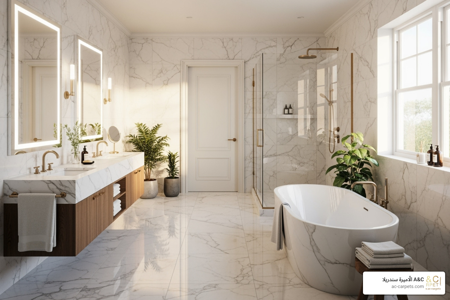 a luxurious bathroom with large-format marble tiles - luxury home flooring