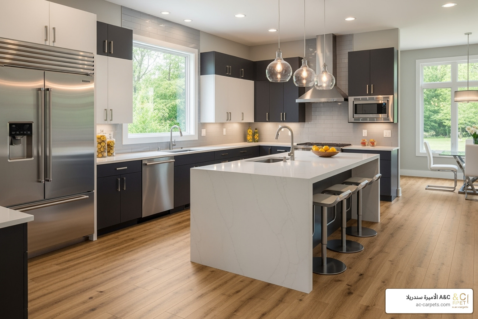 a modern kitchen with realistic wood-look LVP flooring - luxury home flooring