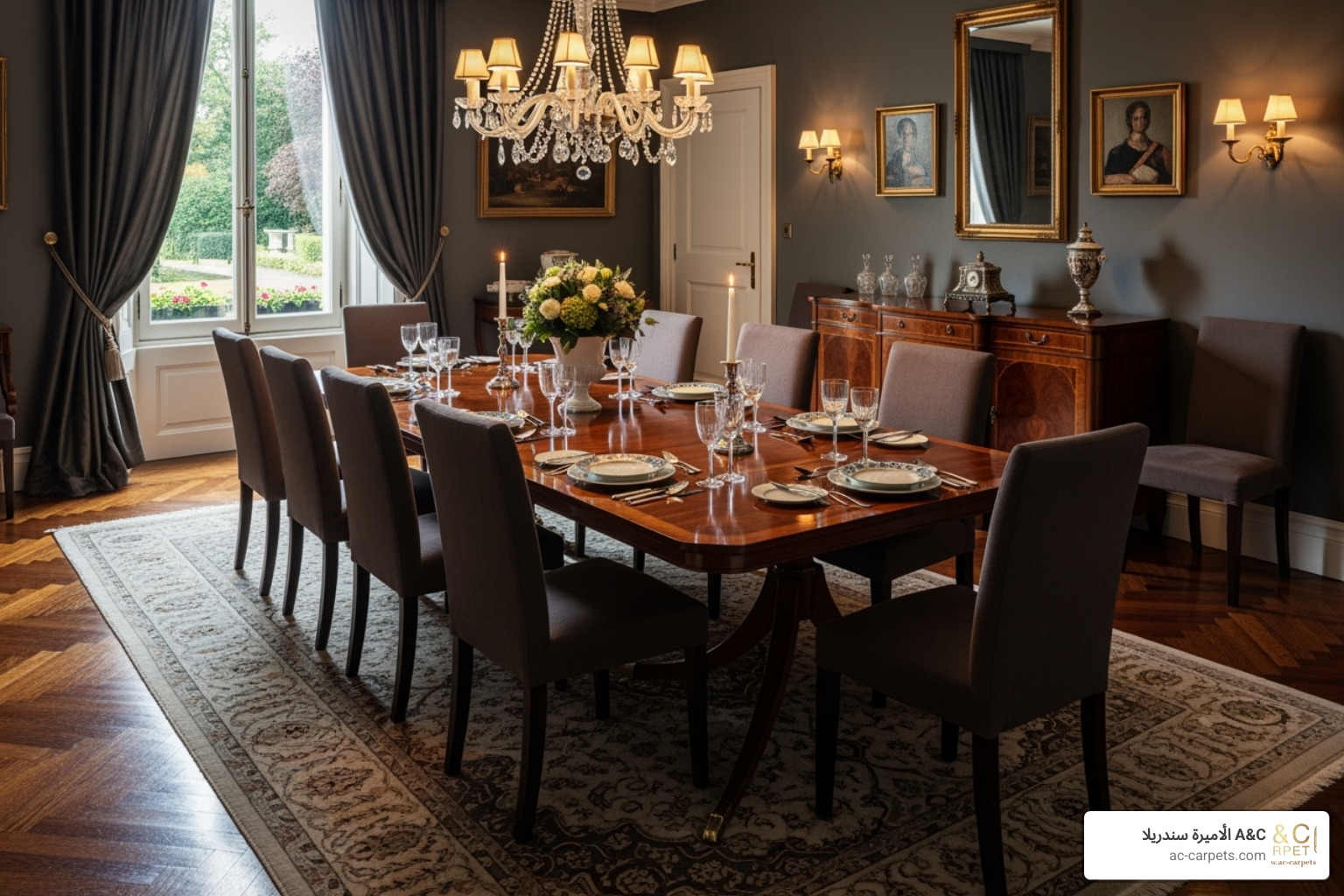 a sophisticated dining room with a dark wood herringbone floor - luxury home flooring
