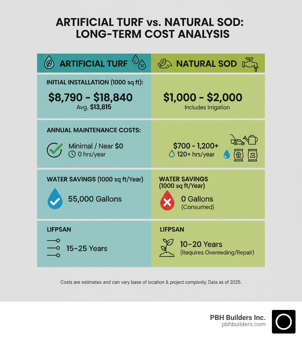 Table comparing Artificial Turf vs. Natural Sod costs - synthetic lawn cost per square foot infographic Table comparing Artificial Turf vs. Natural Sod costs - synthetic lawn cost per square foot infographic