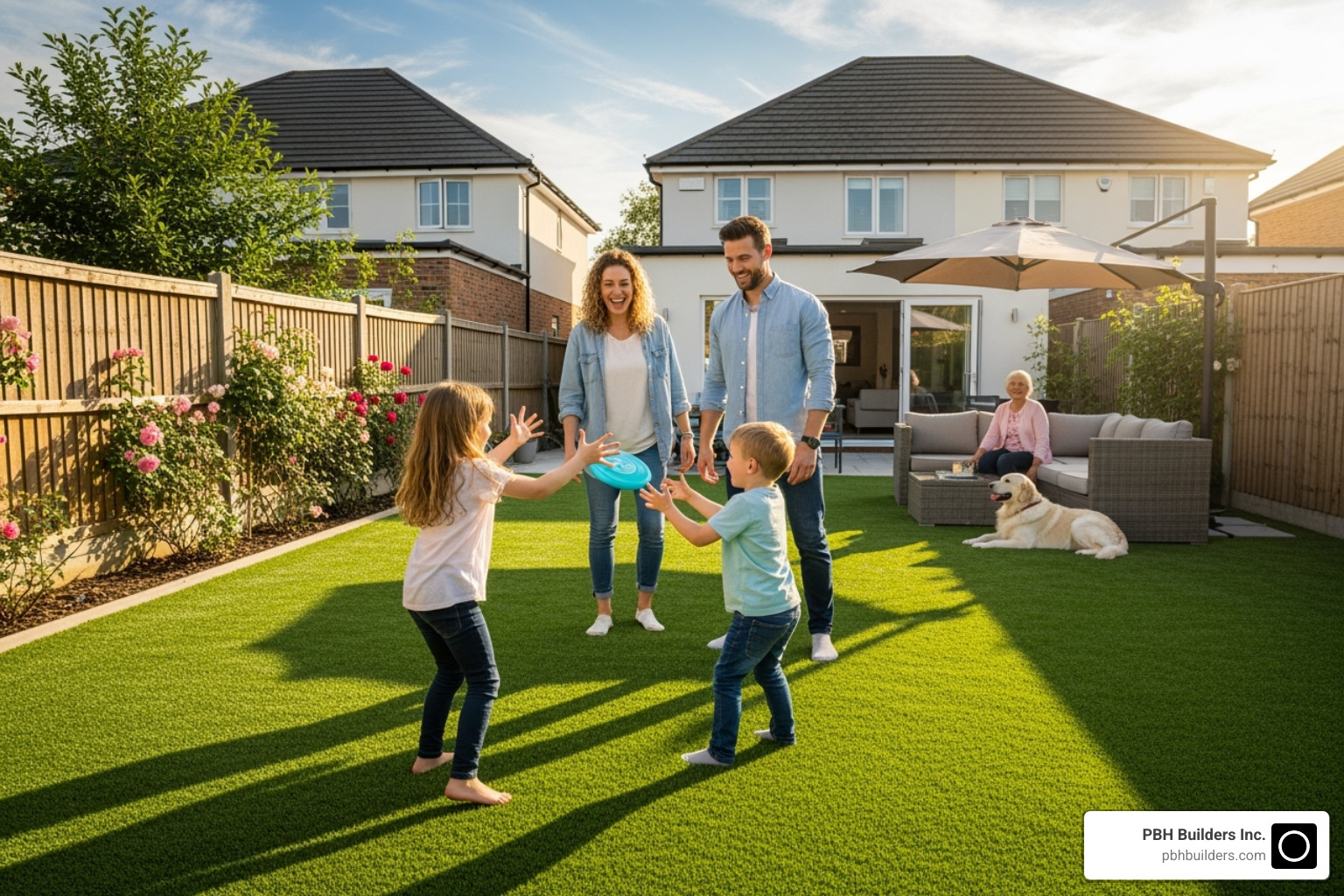 family playing on a clean, durable artificial lawn - synthetic lawn cost per square foot family playing on a clean, durable artificial lawn - synthetic lawn cost per square foot