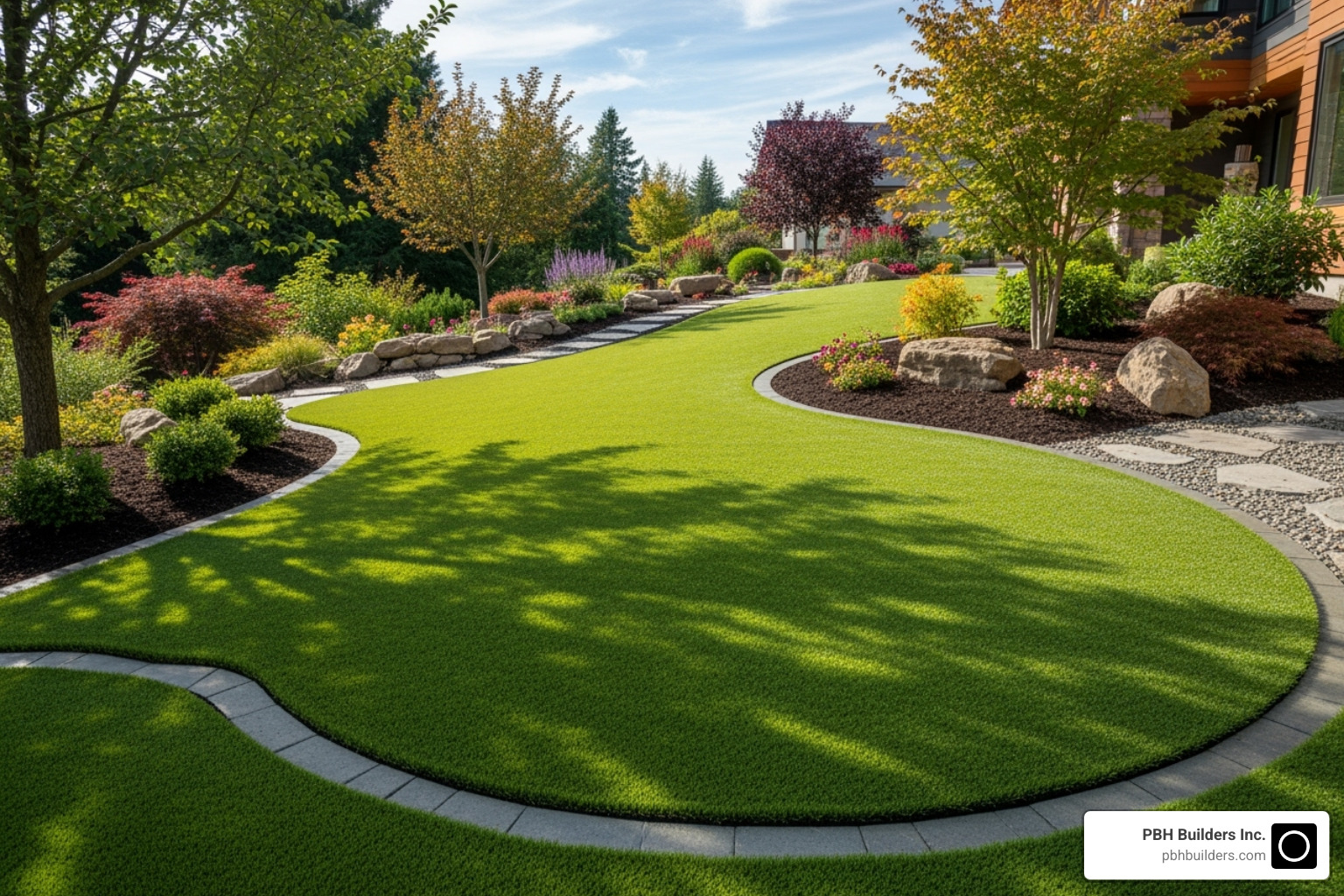 complex installation on a sloped yard with curves and trees - synthetic lawn cost per square foot complex installation on a sloped yard with curves and trees - synthetic lawn cost per square foot