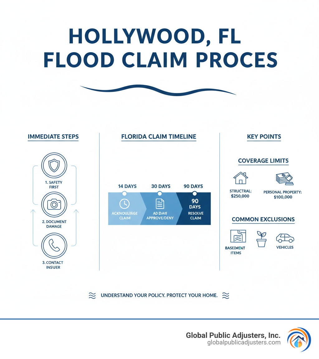 Infographic showing the flood damage insurance claim process in Hollywood FL, including immediate steps after flooding (safety assessment, damage documentation, contacting insurance), the 14-30-90 day Florida timeline for claim processing, coverage limits of $250,000 structural and $100,000 personal property, and common exclusions like basement items and landscaping - flood damage insurance claim hollywood fl infographic 